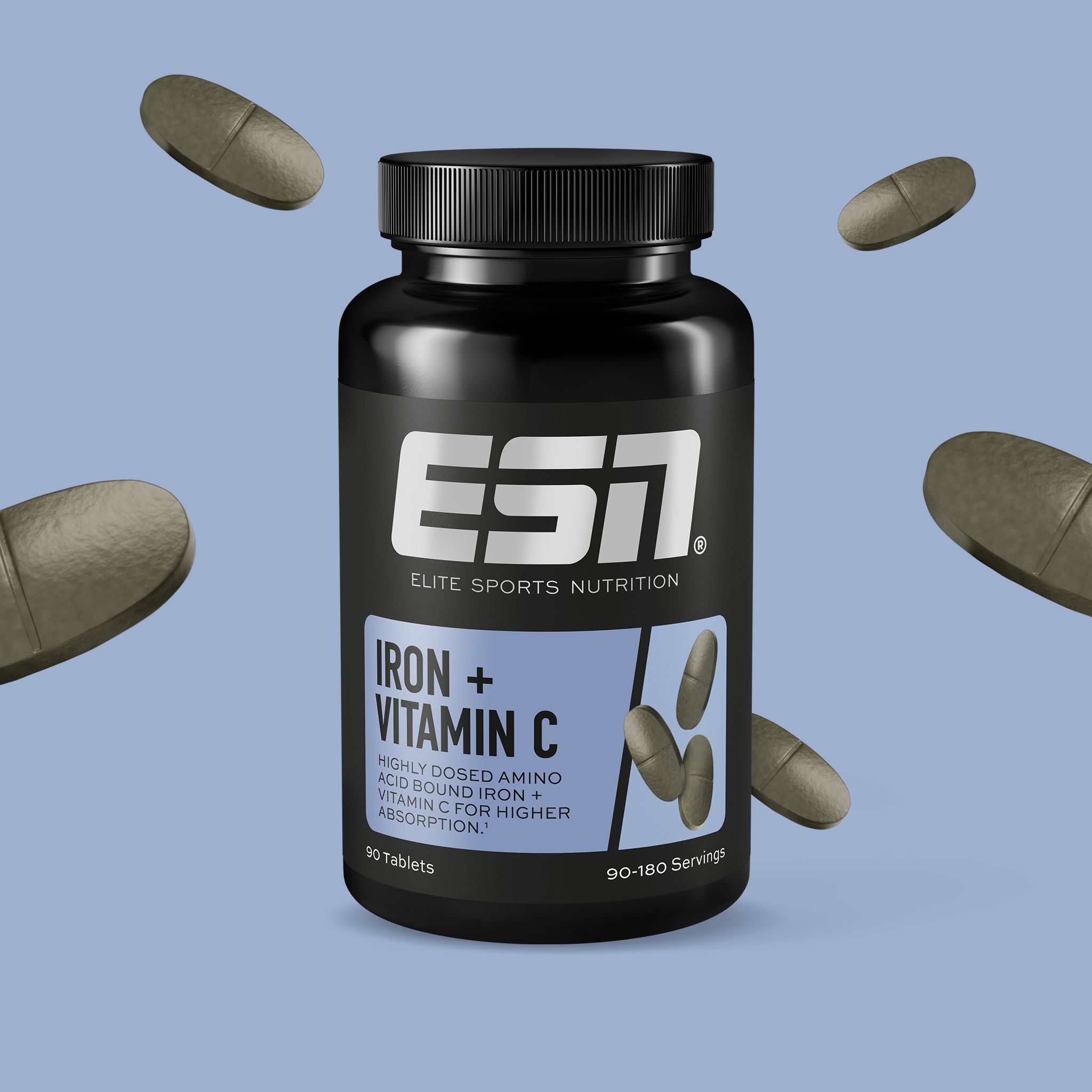 Schwarze Flasche mit ESN-Logo und Aufschrift "Eisen + Vitamin C". Tabletten schweben um die Flasche.