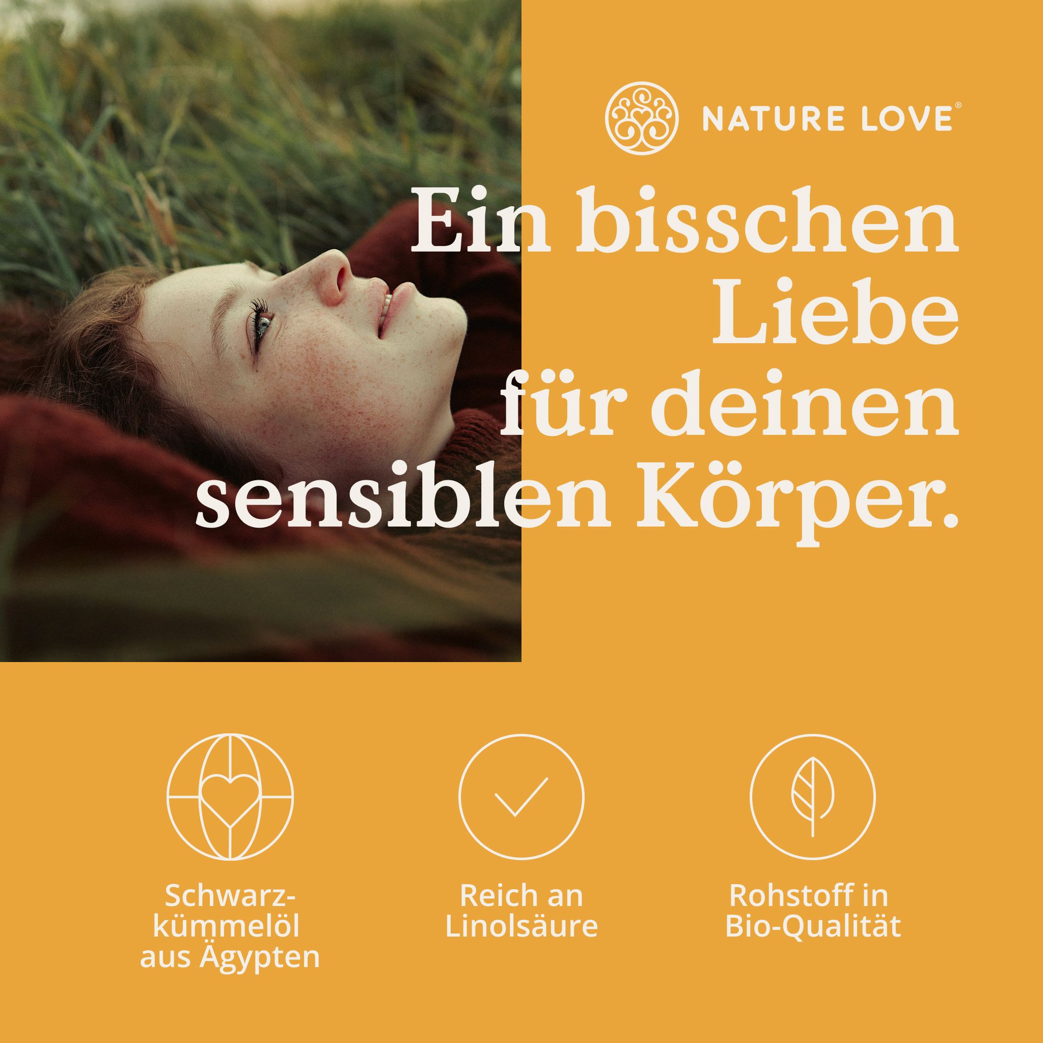 Flasche Bio-Schwarzkümmelöl. 240 Kapseln. Siegel: "Deutschland Test", "Beste Produkt-Qualität", "Nature Love", "Money".