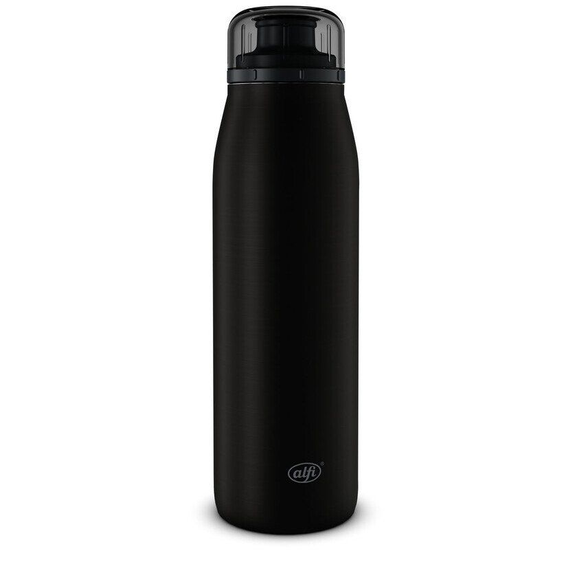 Schwarze Alfi Isolierflasche mit Schraubverschluss, auf weißem Hintergrund.
