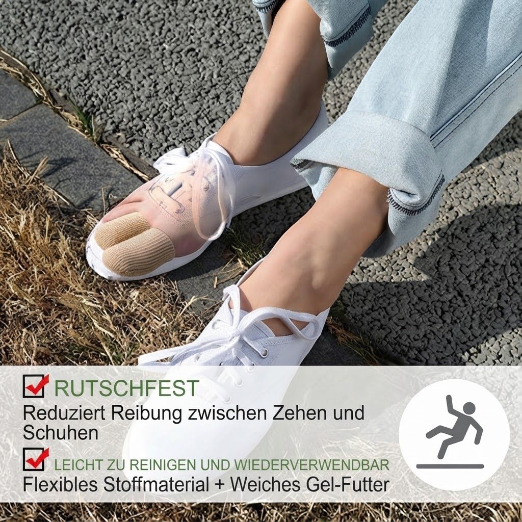 Fußschutz aus Stoff mit Gelpolster unter den Zehen, getragen in Sneakers.
