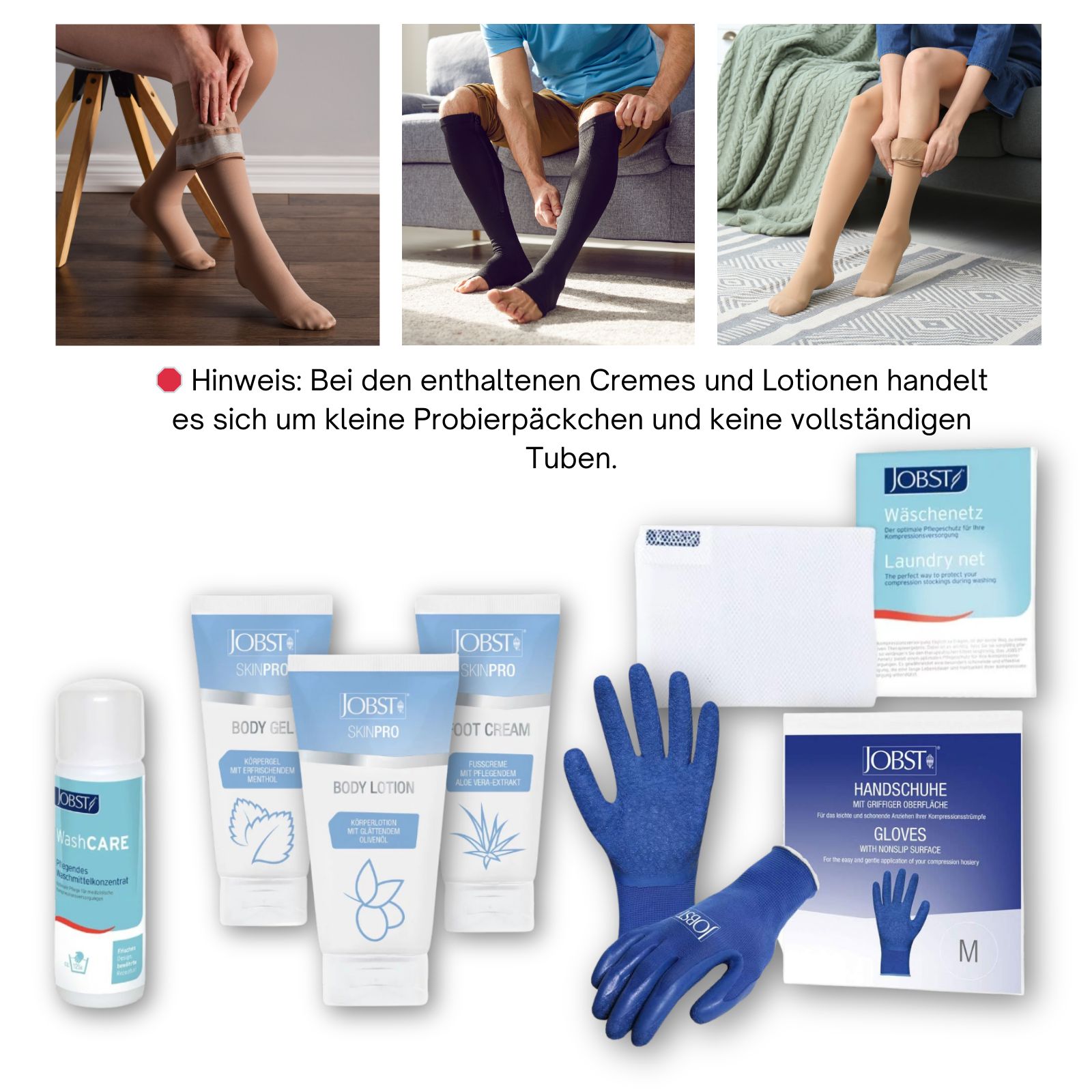 Verschiedene Produkte: Waschcare, Lotion, Gel, Creme, Handschuhe, Waschbeutel. Hinweis: Probepäckchen. JOBST-Produkte.