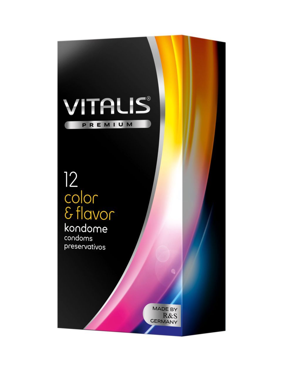 Schwarze Schachtel mit VITALIS-Logo und Aufschrift "12 color & flavor kondome". Hergestellt in Deutschland.