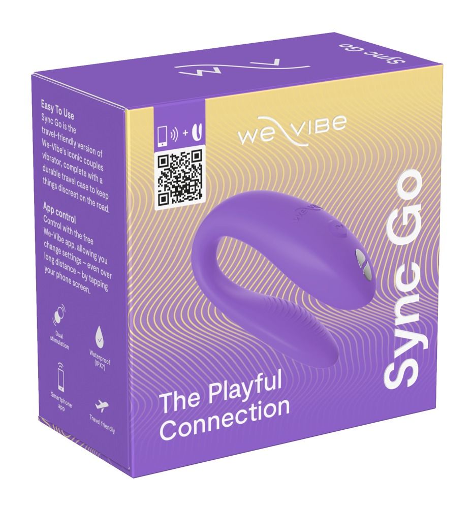 Verpackung mit lila Vibrator. Text: We-Vibe, Sync Go, The Playful Connection. QR-Code.
