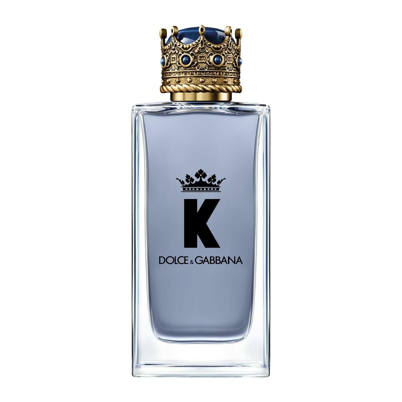 K by Dolce & Gabbana Flakon. Rechteckiger Flakon mit Kronenkappe. Schwarzes 'K' und Logo auf hellblauem Hintergrund.