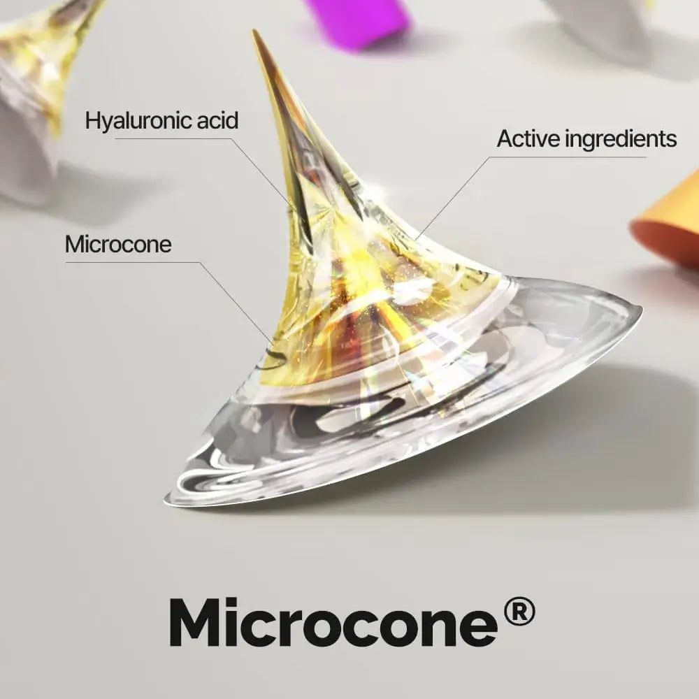 Nahaufnahme eines Microcone-Modells. Beschriftungen: Hyaluronsäure, Wirkstoffe, Microcone. Hintergrund unscharf.
