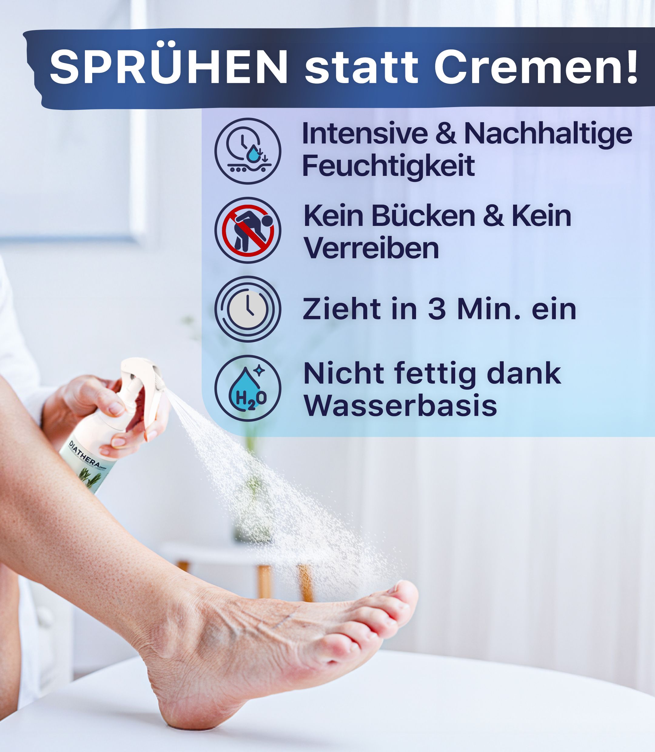 DIATHERA Derma Fußpflege-Spray wird auf einen Fuß gesprüht. Text: Intensive Feuchtigkeit, zieht schnell ein, nicht fettend.
