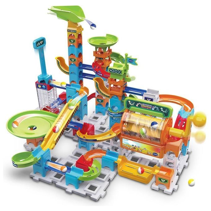 Mehrfarbiger Murmelbahn-Bausatz mit Rampen, Trichter und rotierenden Elementen. VTech Marble Rush.