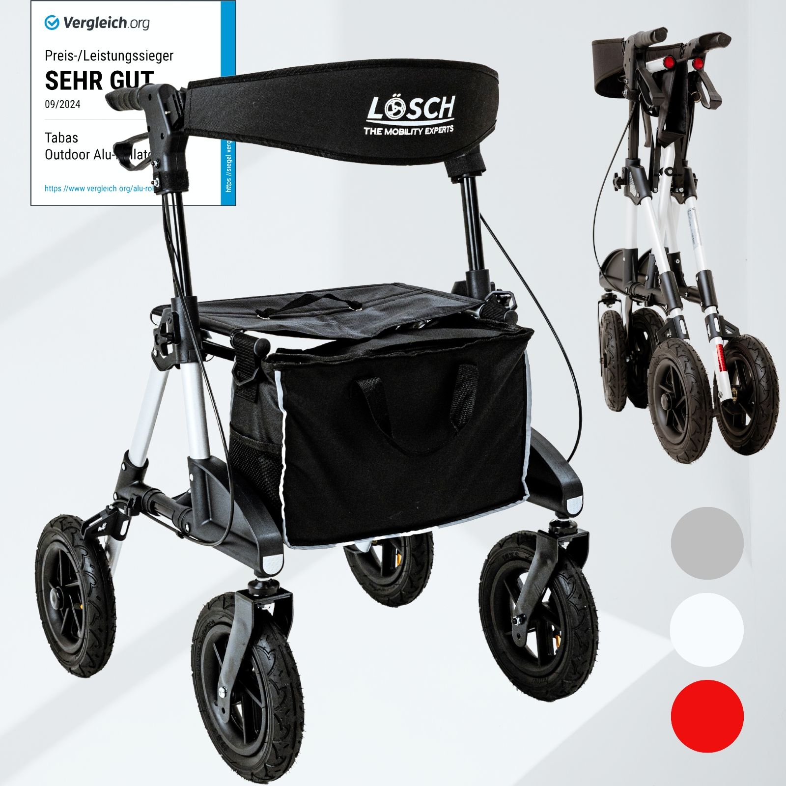 Rollator mit schwarzem Sitz und Tasche. Schwarze Räder, silberner Rahmen. Marke: Lösch. Auszeichnung "Sehr Gut".