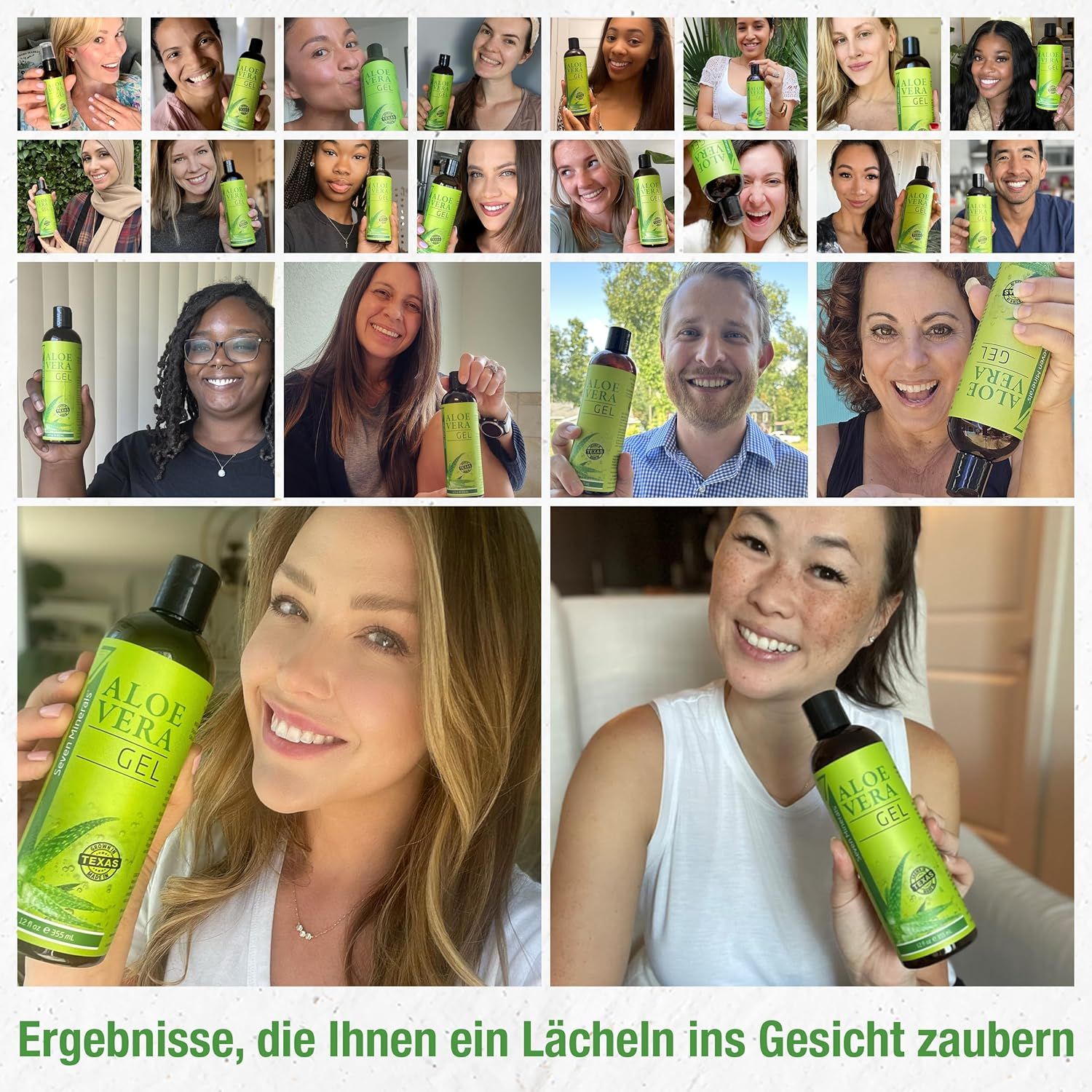 Mehrere Personen halten Aloe Vera Gel Flaschen. Text: Ergebnisse, die Ihnen ein Lächeln ins Gesicht zaubern.