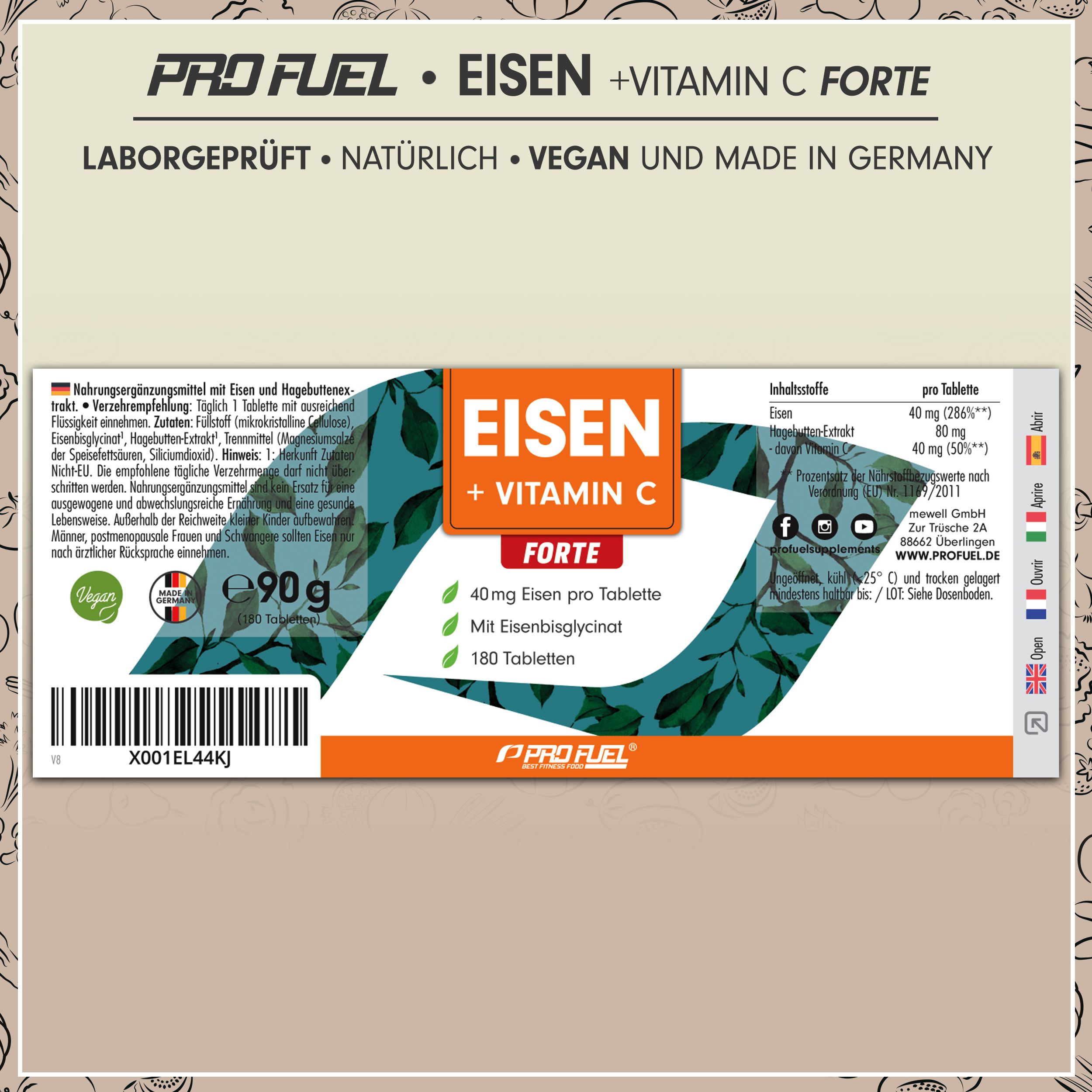 Produktverpackung. Aufschrift: EISEN + VITAMIN C FORTE. Enthält 40mg Eisen pro Tablette, Vitamin C aus Hagebutten, 180 Tabletten. Vegan.