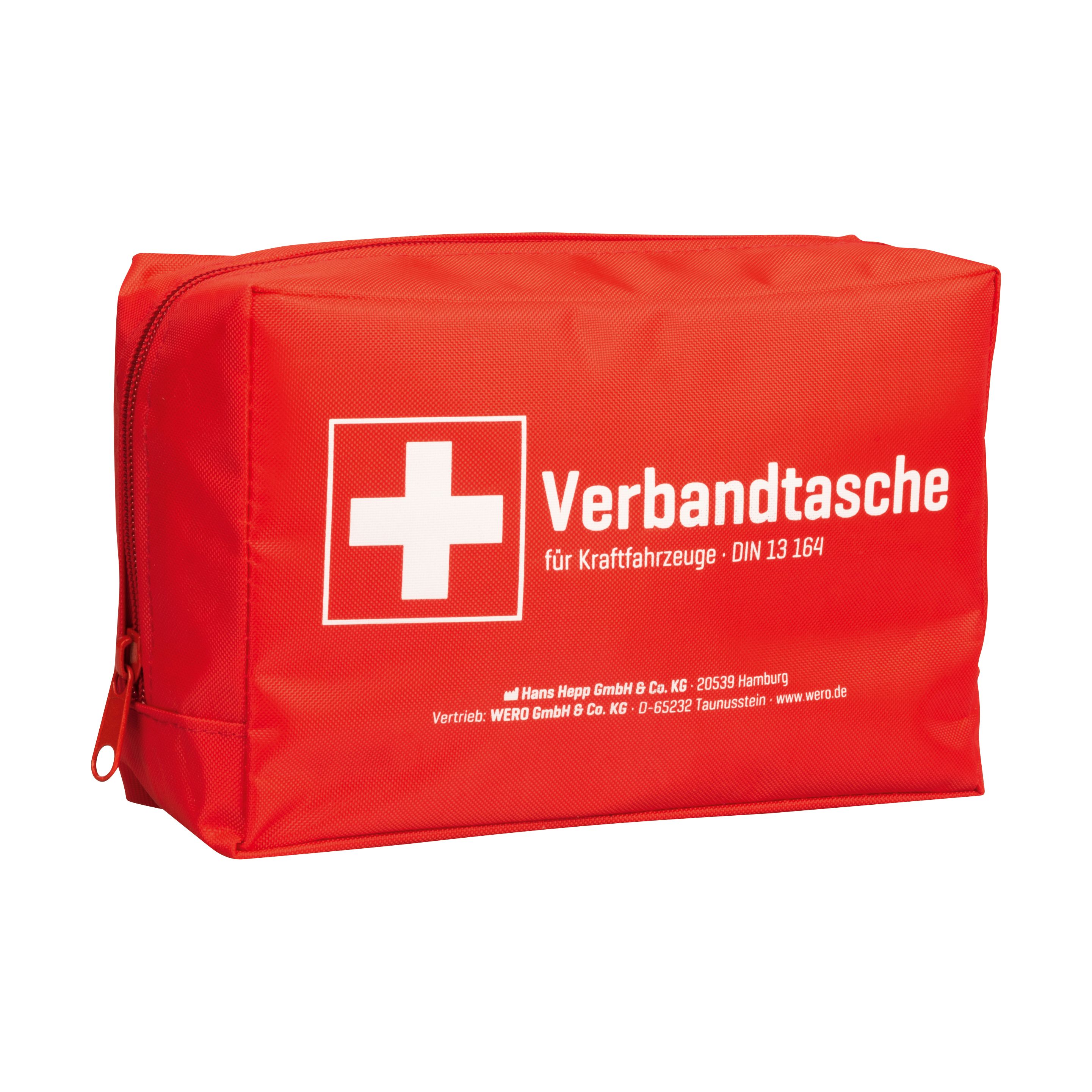 Rote Verbandtasche mit weißem Kreuz und Aufschrift. DIN 13164. Reißverschluss.