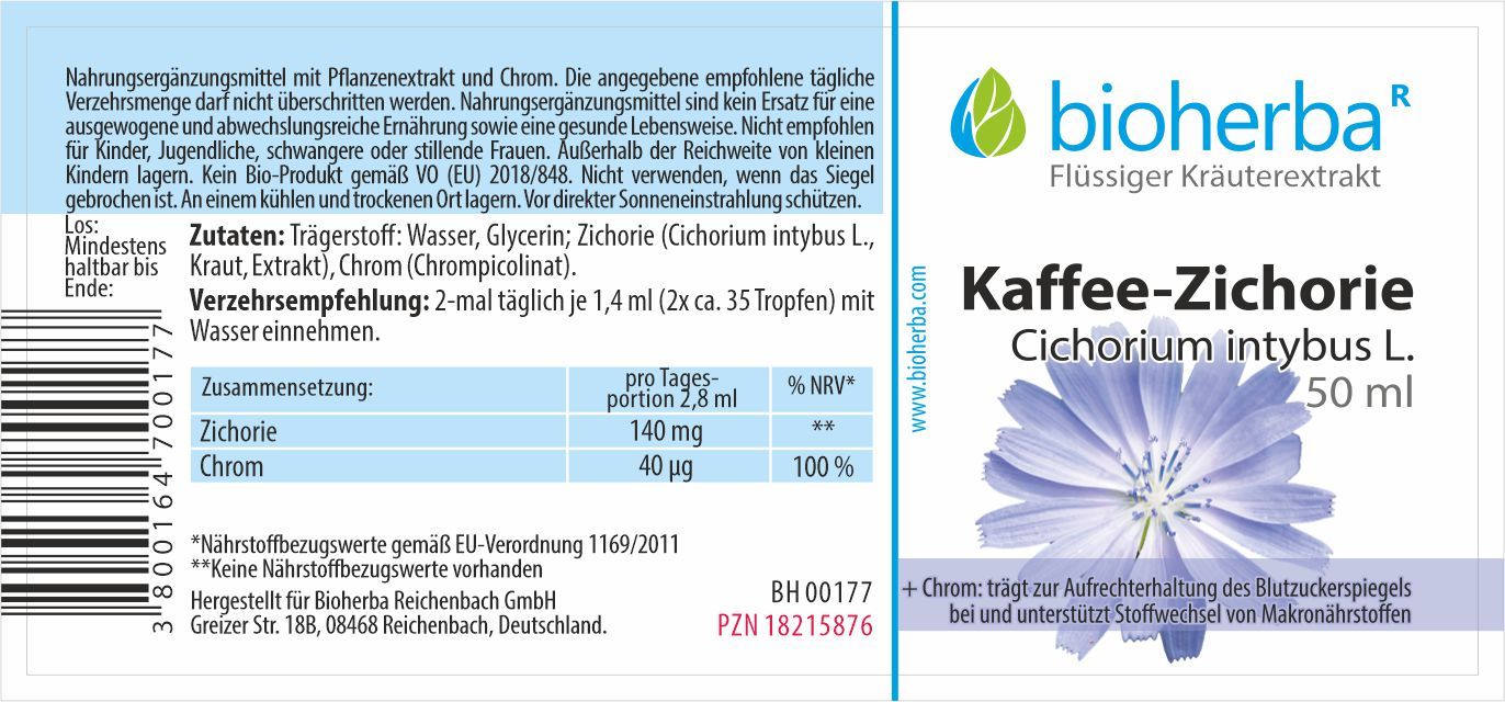Etikett mit Produktnamen, Logo und floraler Abbildung. Enthält Informationen zu Inhaltsstoffen und Nährwerten. Flasche.