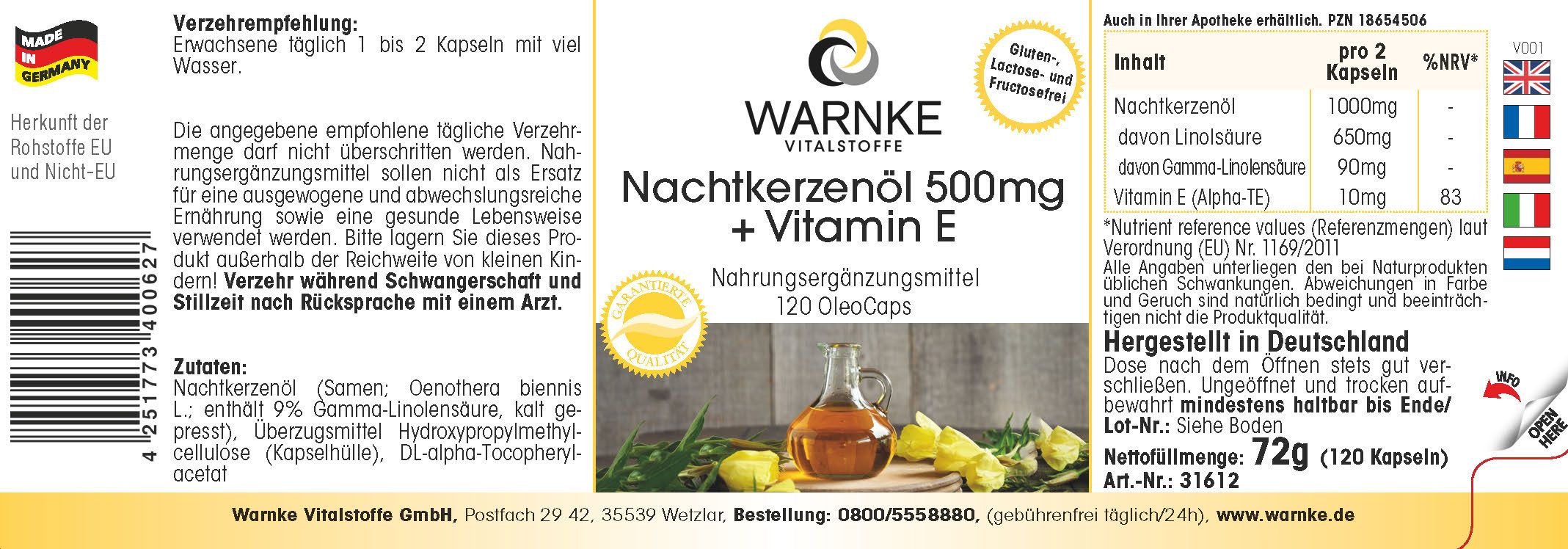 Etikett mit Produktinformationen. Aufschrift: Warnke Vitalstoffe Nachtkerzenöl 500mg + Vitamin E. 120 OleoCaps. Inhaltsangaben.