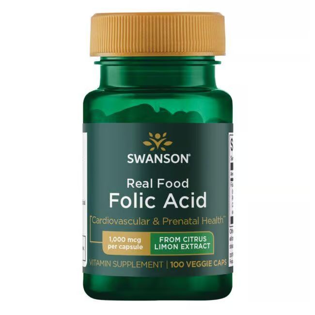 Grüne Flasche mit gelbem Deckel. Etikett mit SWANSON, Folsäure, 1000 mcg, und 100 Veggie Caps. Citrus-Extrakt.