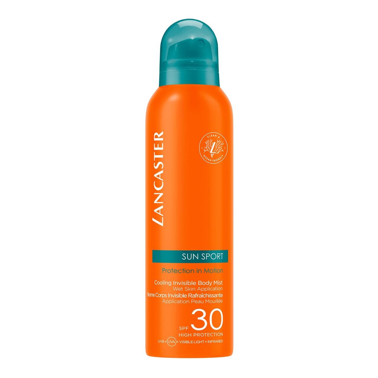 Orangefarbene Sprayflasche mit blauem Deckel. Text: Lancaster, Sun Sport, SPF 30. Vegan-Logo.