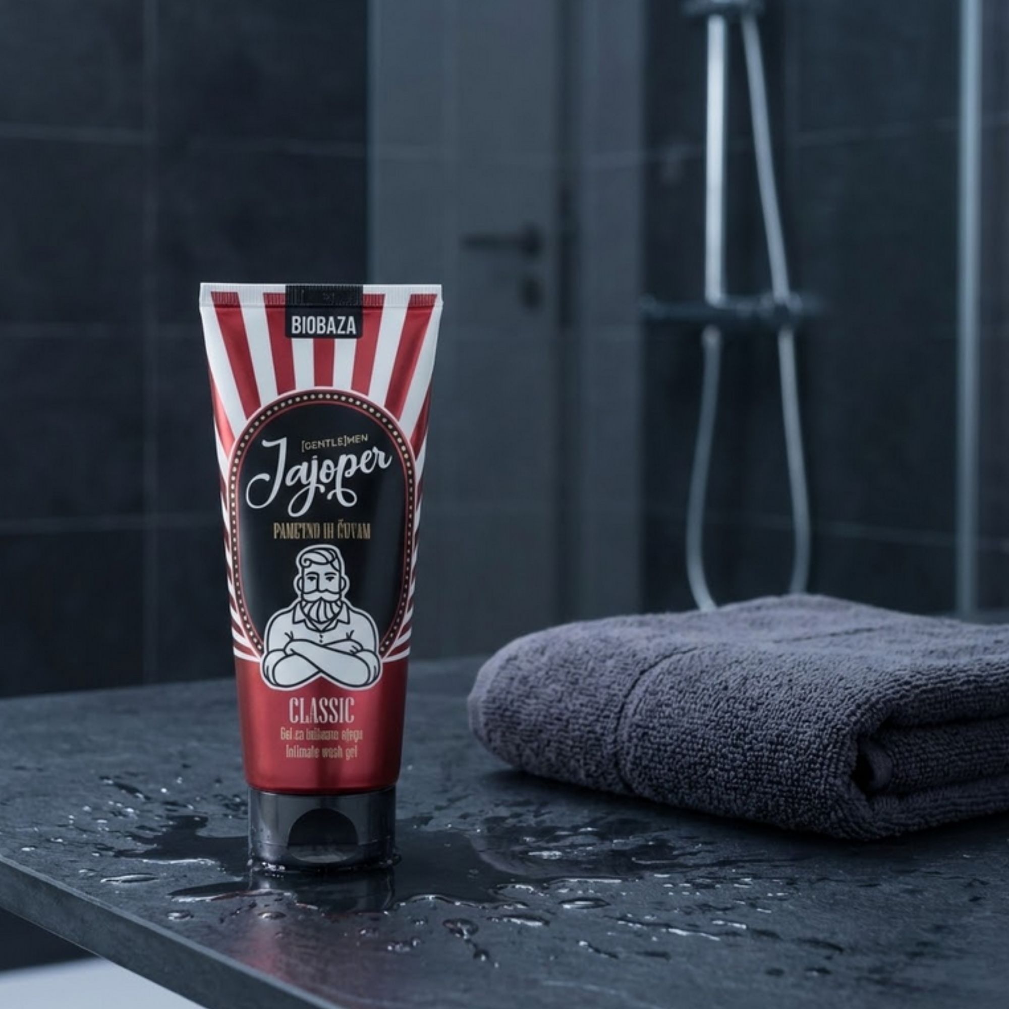 Tube mit rot-weißem Design. Aufschrift: Biobaza Jajoper Classic. Auf schwarzer Oberfläche, neben Handtuch.