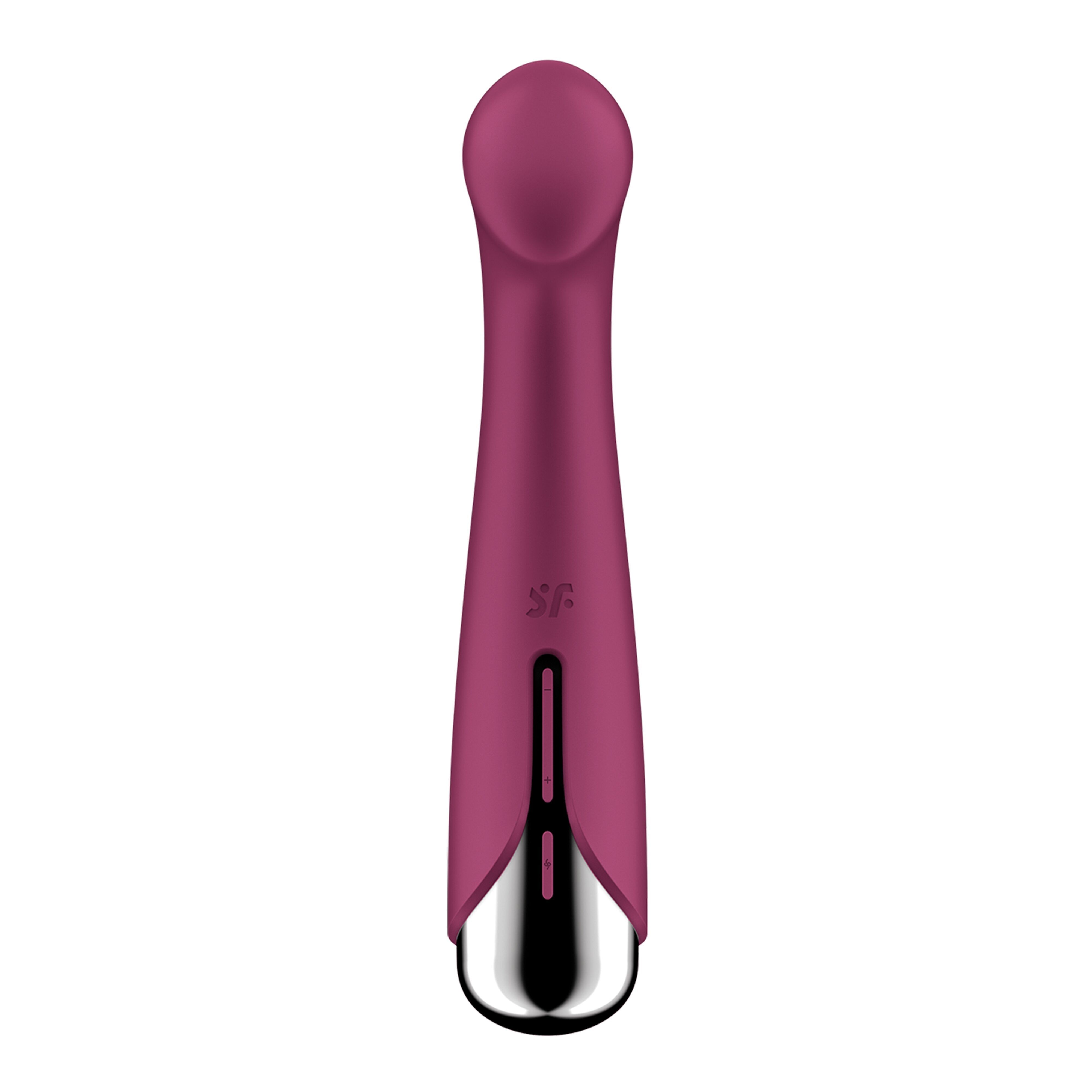 Bordeauxfarbener Vibrator mit silberfarbenem Kopf. Gerades Design. SF-Logo.