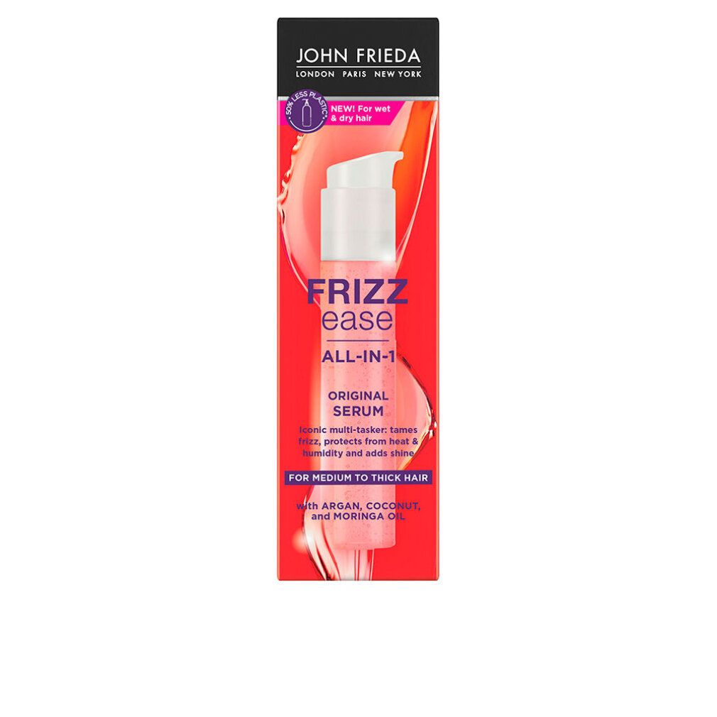 Produktverpackung mit John Frieda Frizz Ease Original Serum. Rote Verpackung mit weißer Pumpe. Für mittelstarkes bis dickes Haar.