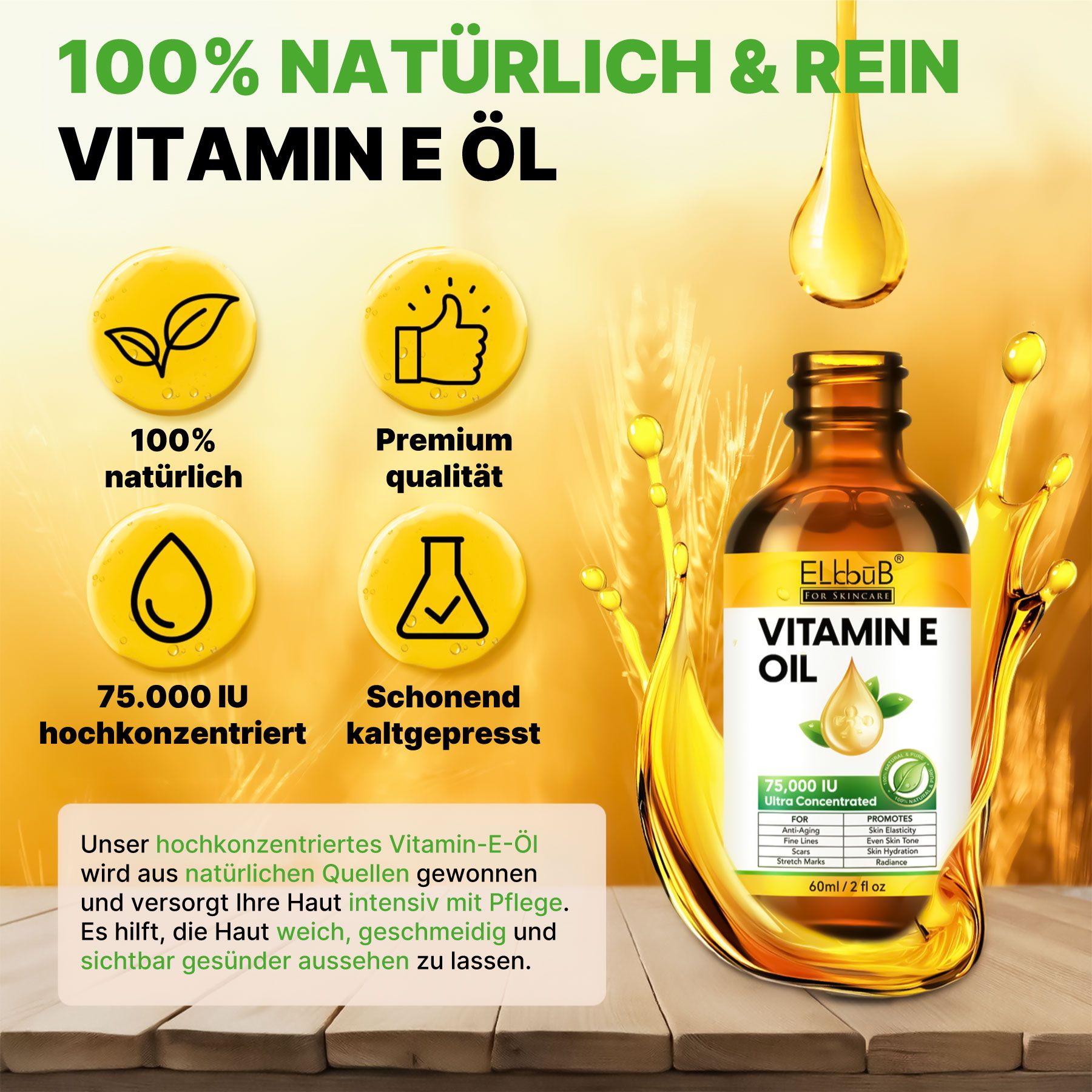 P-Beauty Hautöl mit Vitamin E für Hautstraffung und Narbenreduzierung 75.000IE