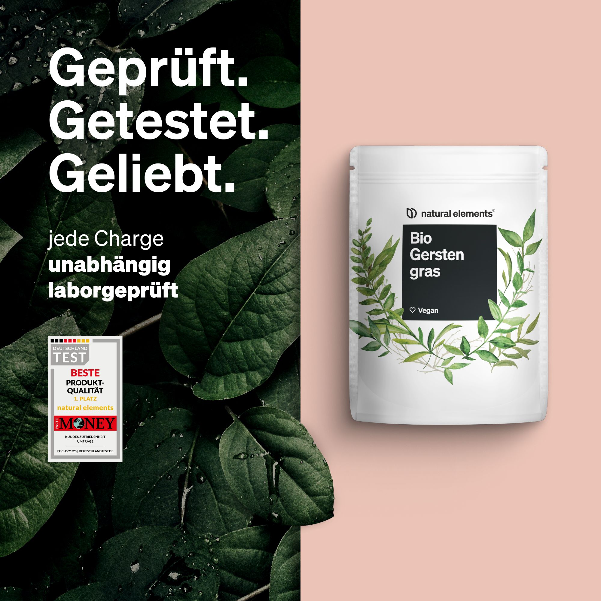 Standbeutel mit "Bio Gerstengras"-Aufdruck. Logo "natural elements". Test-Siegel. Text: "Geprüft. Getestet. Geliebt."