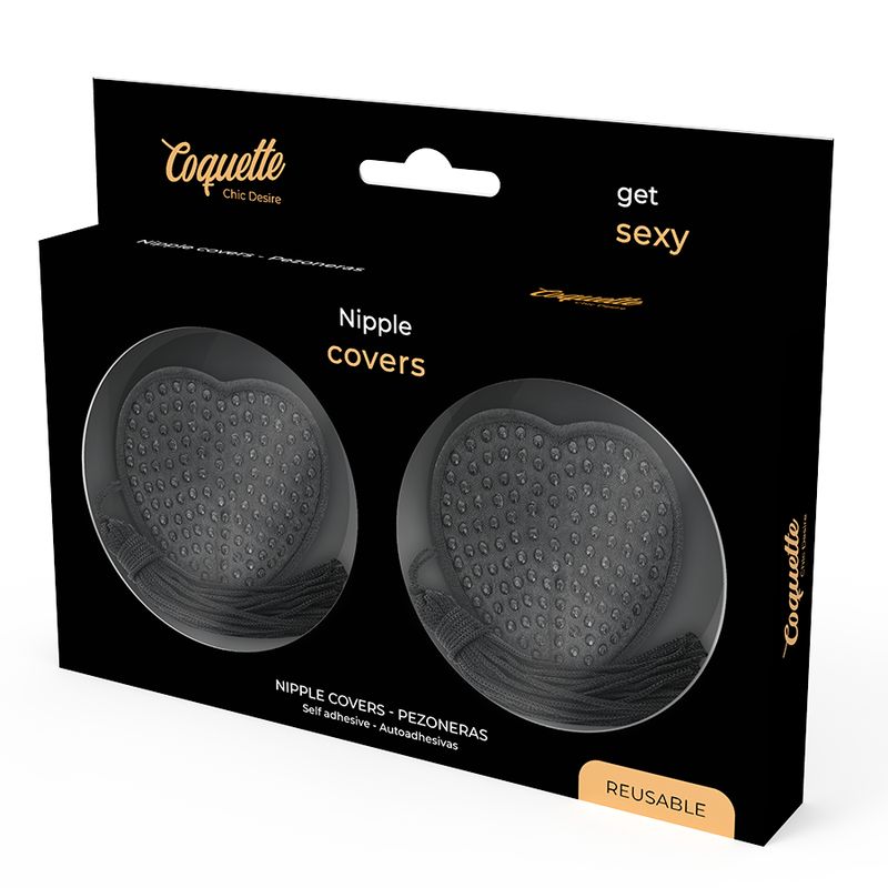 Schwarze Verpackung mit zwei herzförmigen Nippel Covern. Produktname und Text 'get sexy'. Wiederverwendbar.