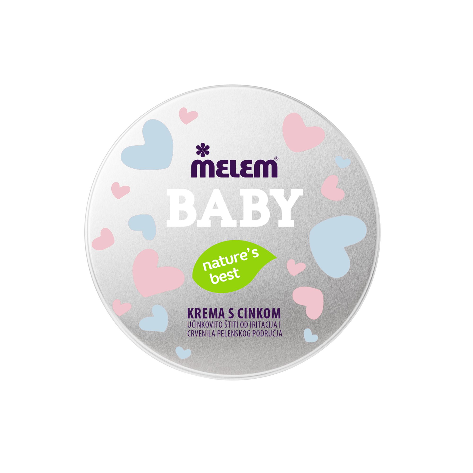 Runde Dose mit "Melem Baby"-Aufdruck. Rosa und blaue Herzen. "nature's best"-Logo. Text: "Krema s cinkom".
