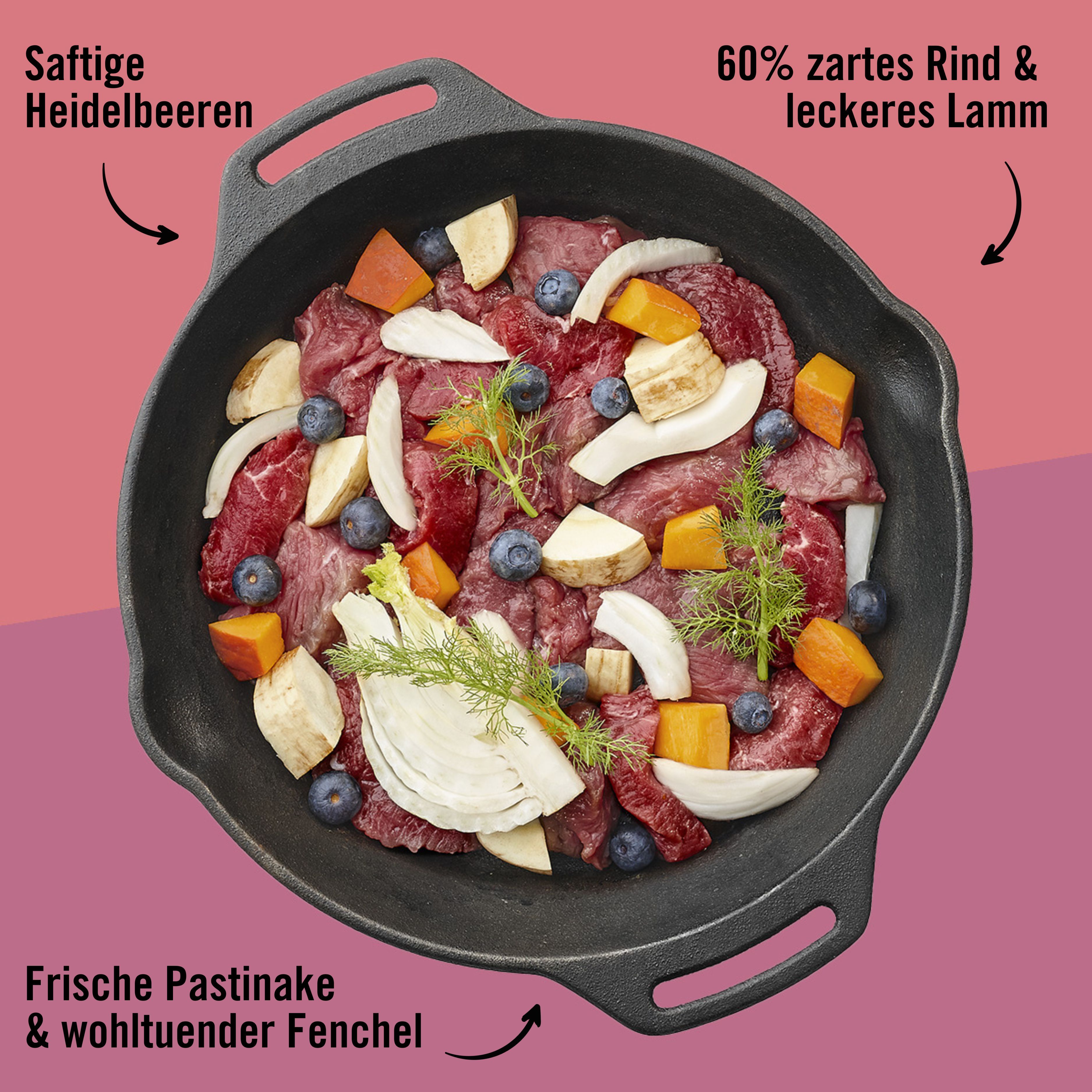 Dunkle Pfanne mit Zutaten: Rindfleisch, Kürbis, Blaubeeren, Pastinake, Fenchel. Text: Saftige Heidelbeeren, 60% zartes Rind & leckeres Lamm.