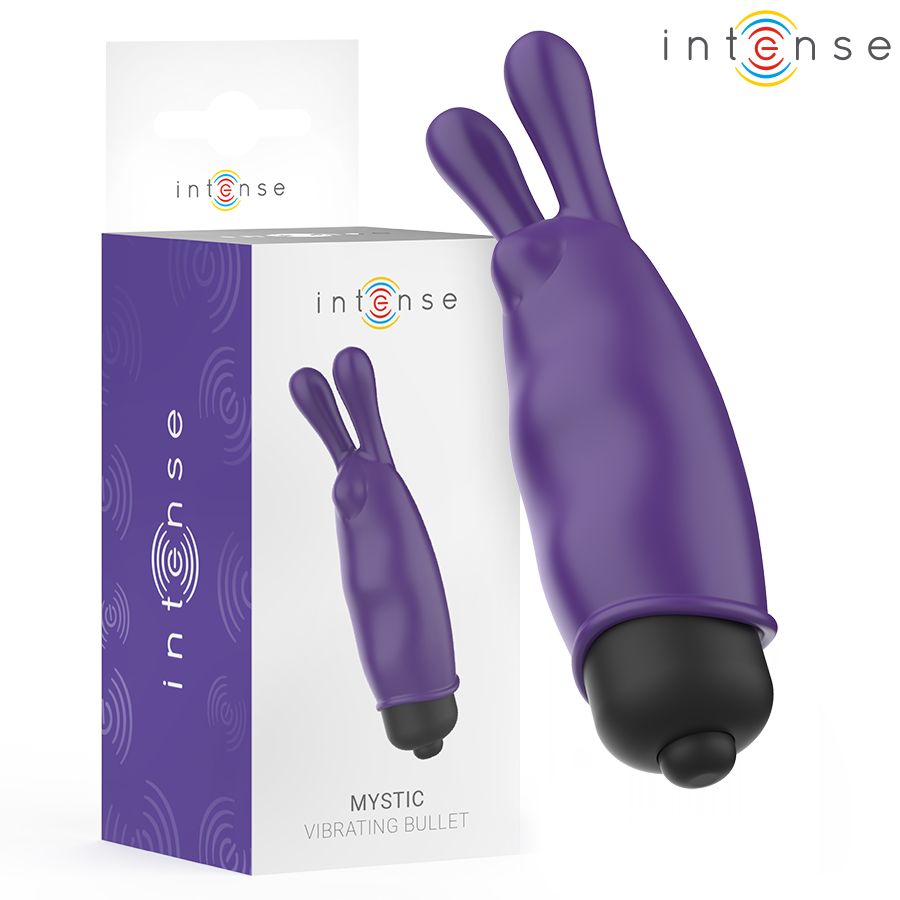 Lila Vibrator mit schwarzem Kopf und Verpackung. Text: 'Mystic Vibrating Bullet' und 'intense'.