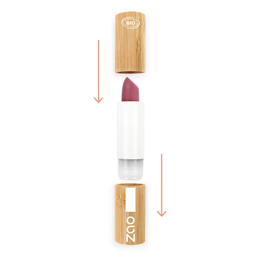 Lippenstift mit rosafarbenem Stift. Weißer Stift, Holz-Hülle mit ZAO-Logo. Deckel daneben. Bio-Siegel.