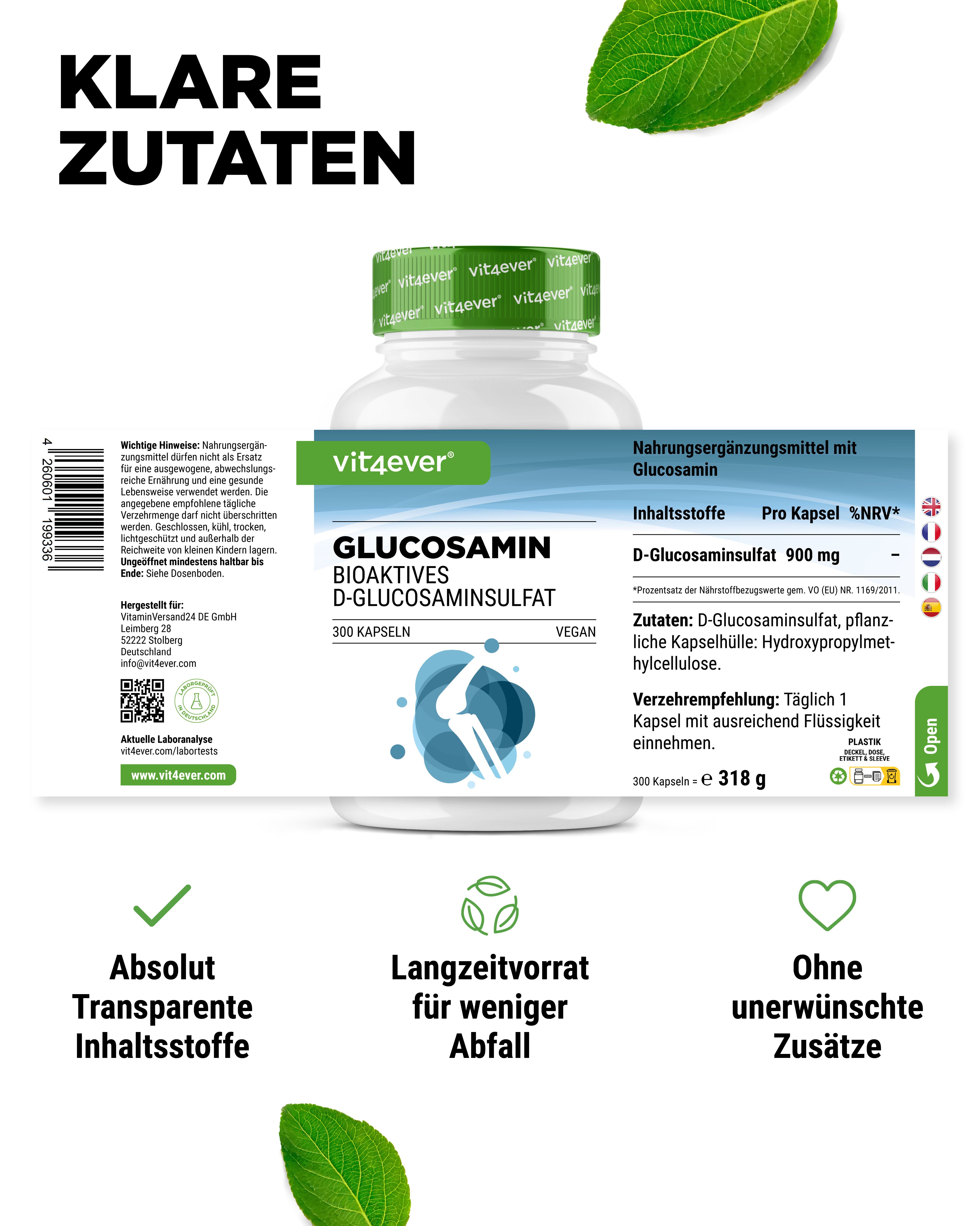 Produktetikett mit Informationen. Aufschrift: vit4ever, Glucosamin, 300 Kapseln. Text: 900 mg D-Glucosaminsulfat pro Kapsel.