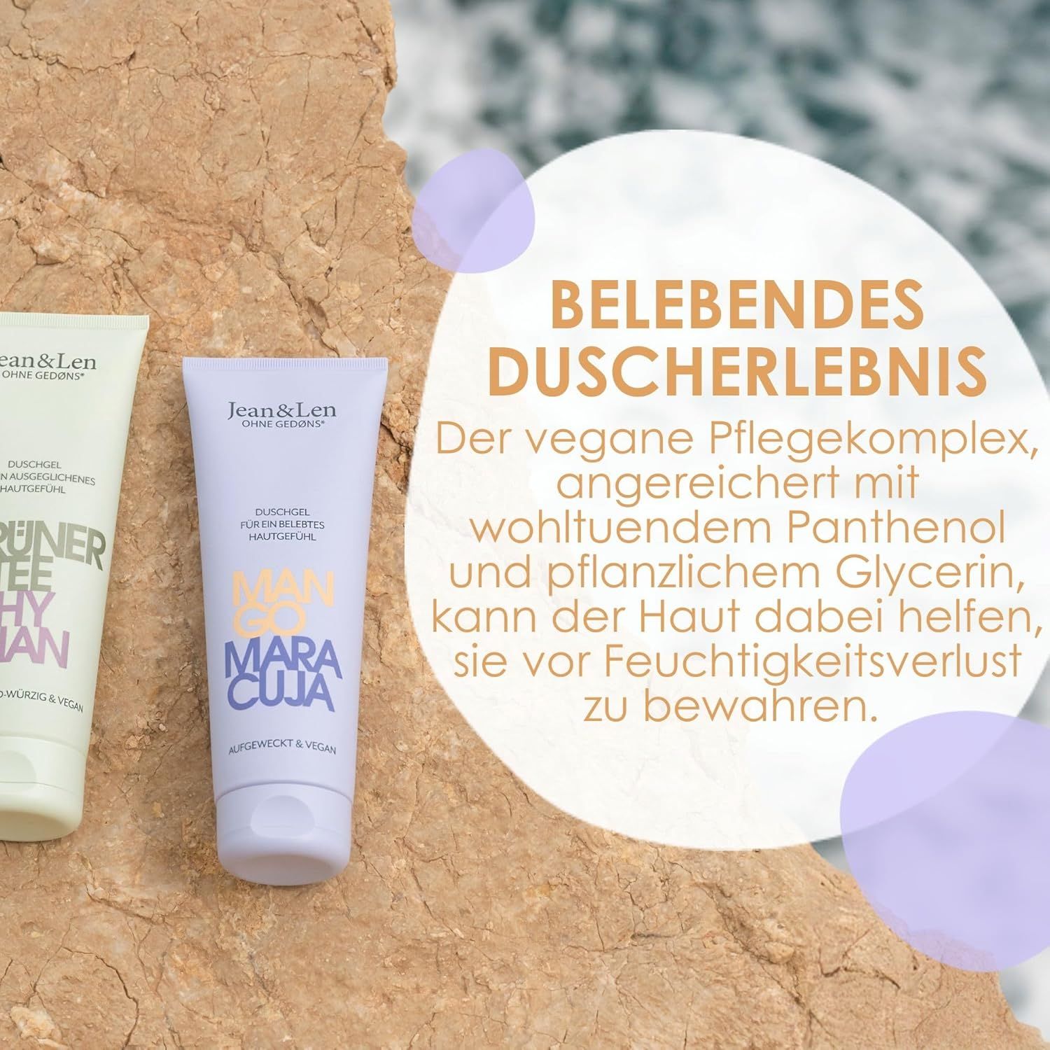 Zwei Duschgel-Tuben nebeneinander. Links: grüne Tube. Rechts: lila Tube mit Mango & Maracuja. Text: Belebendes Duscherlebnis.