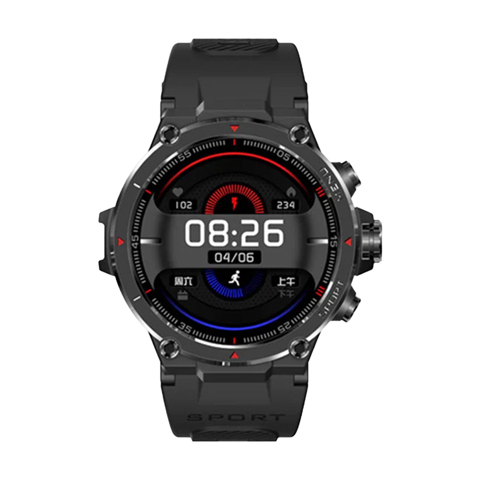 Schwarze Smartwatch mit digitalem Display. Rotes und blaues Design um das Display. Zeigt Uhrzeit, Datum und Symbole für Aktivitäten.