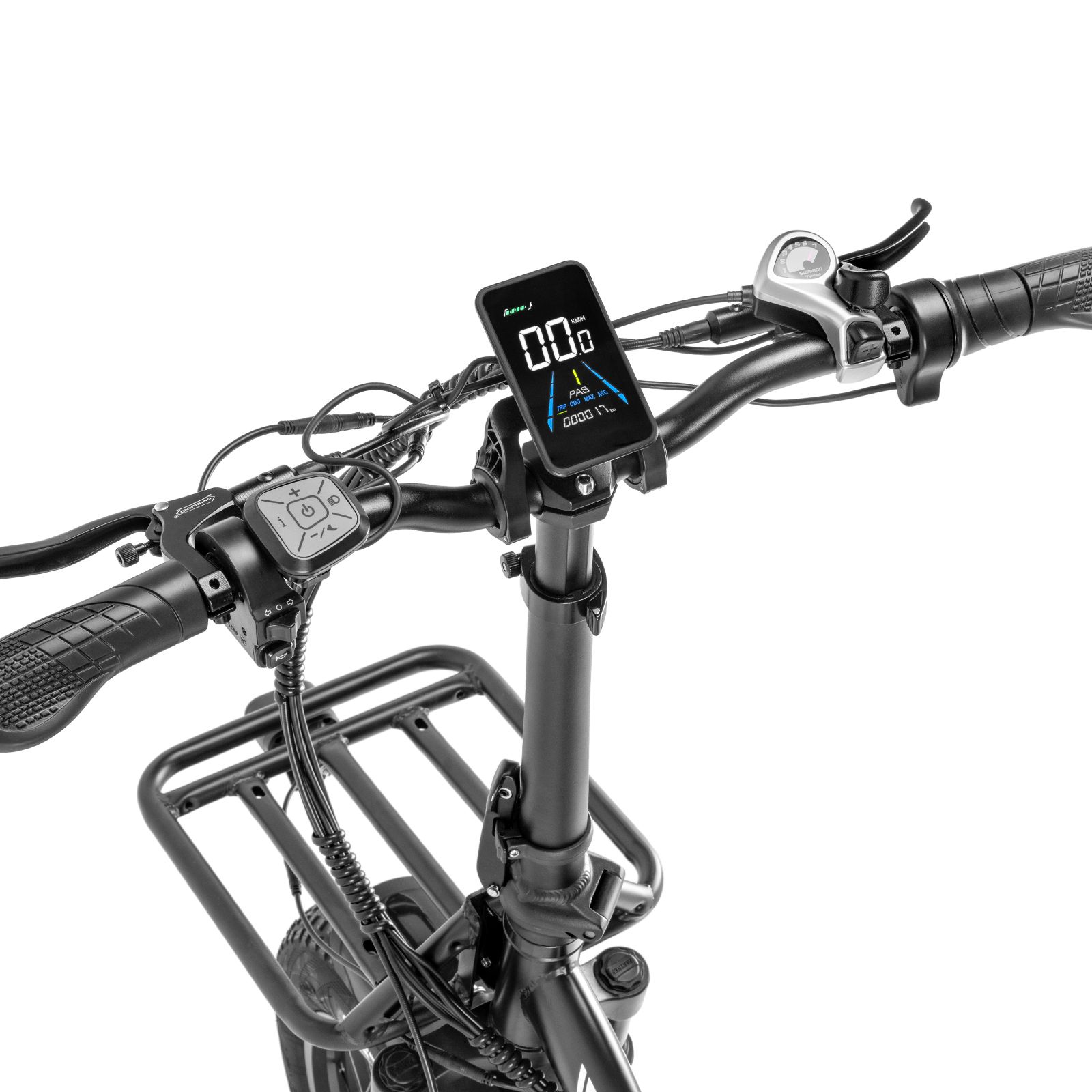 Nahaufnahme des Lenkers eines Elektrofahrrads. Digitales Display mit Geschwindigkeitsanzeige. Bedienelemente und Gepäckträger.