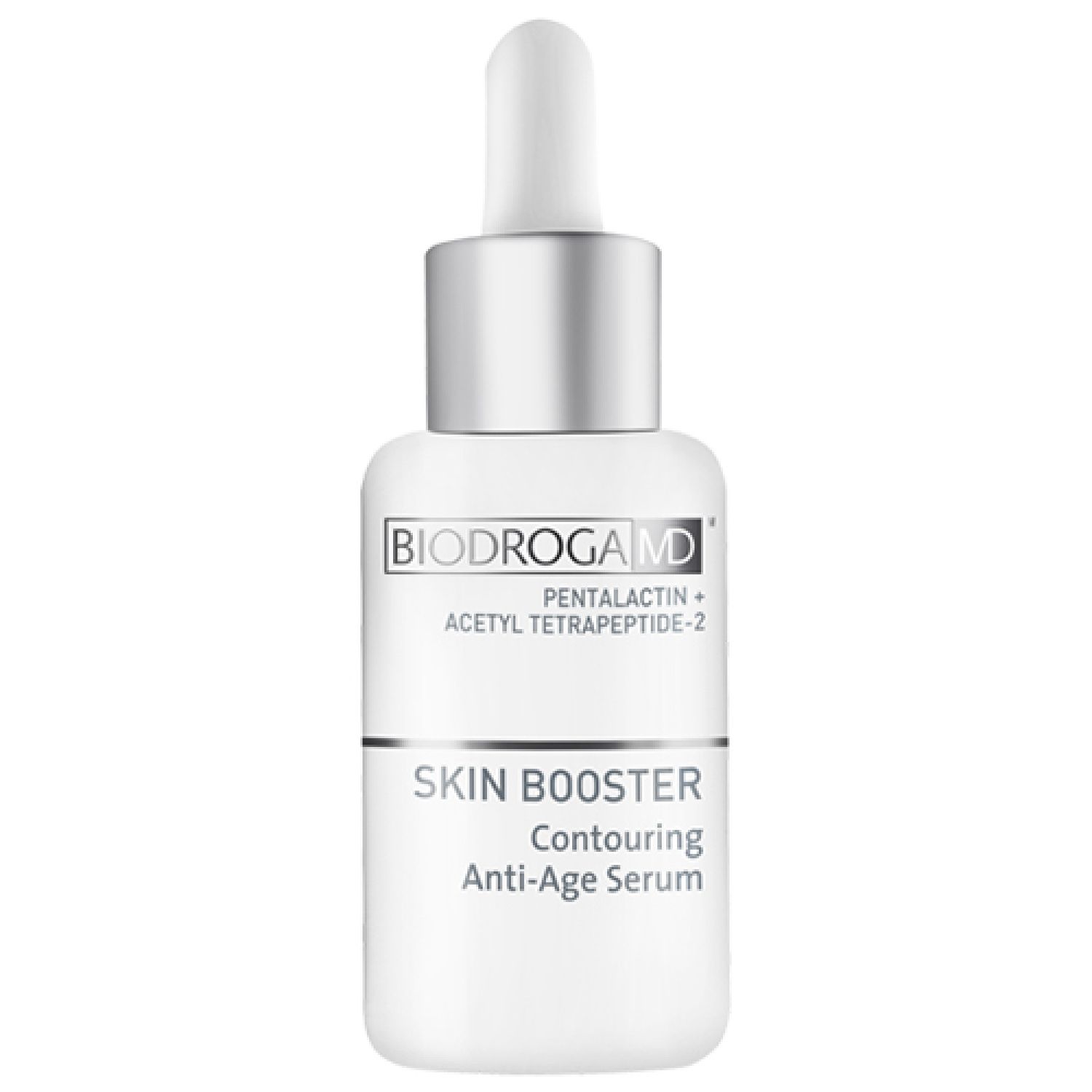 Weißes Serumfläschchen mit silbernem Deckel und Pipette. Beschriftung: Biodroga MD, Skin Booster Contouring Anti-Age Serum.
