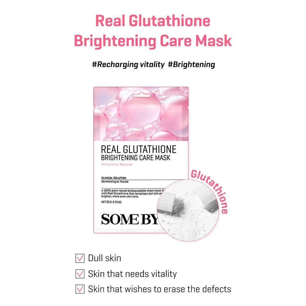Grafik mit Some By Mi Real Glutathione Brightening Care Mask und Text zu Hautvorteilen.