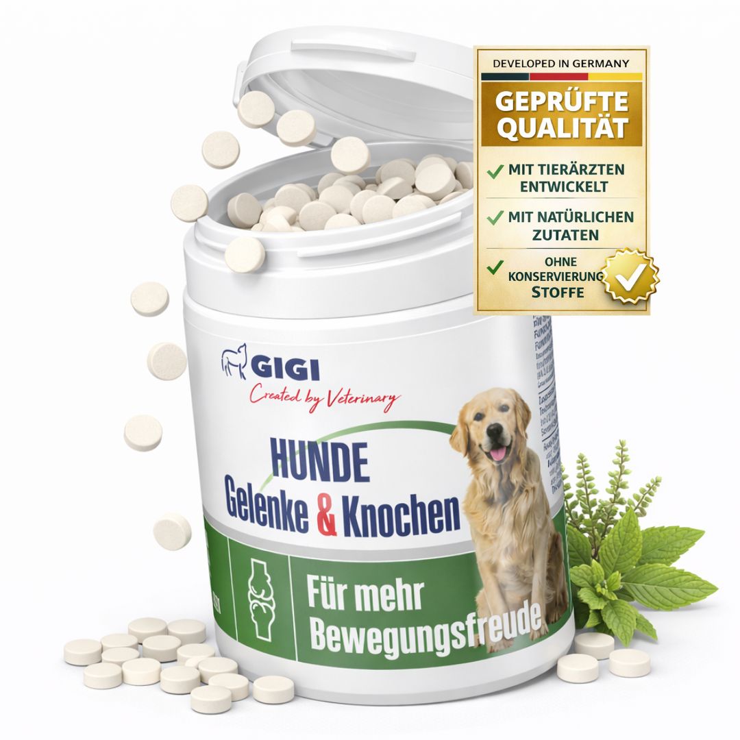 Geöffnete Flasche GIGI VET Hunde Gelenke & Knochen mit Tabletten. Text: Für mehr Bewegungsfreude. Geprüfte Qualität.