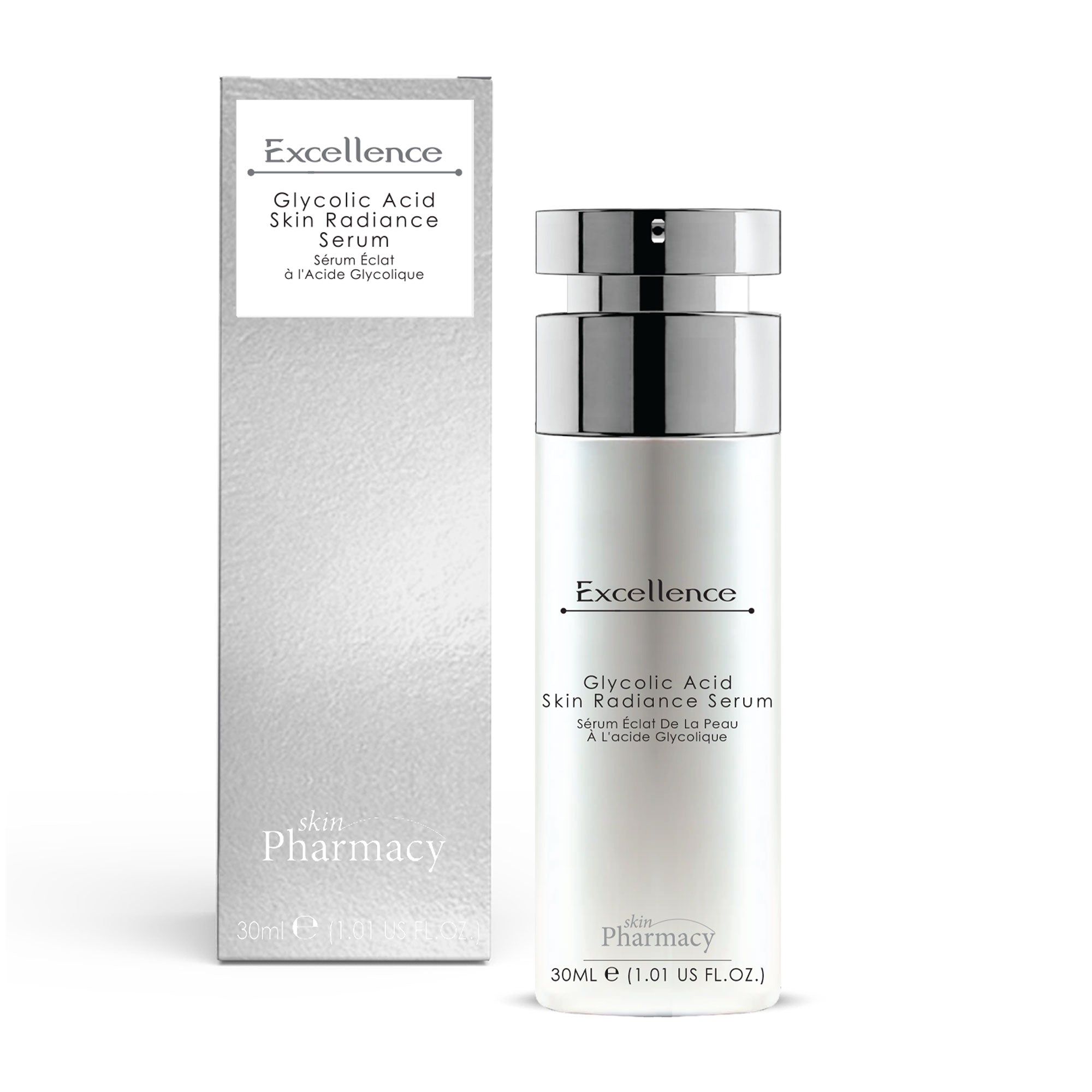 Serum und Verpackung. Aufschrift: Excellence, Glykolsäure Skin Radiance Serum, skinPharmacy, 30ml.