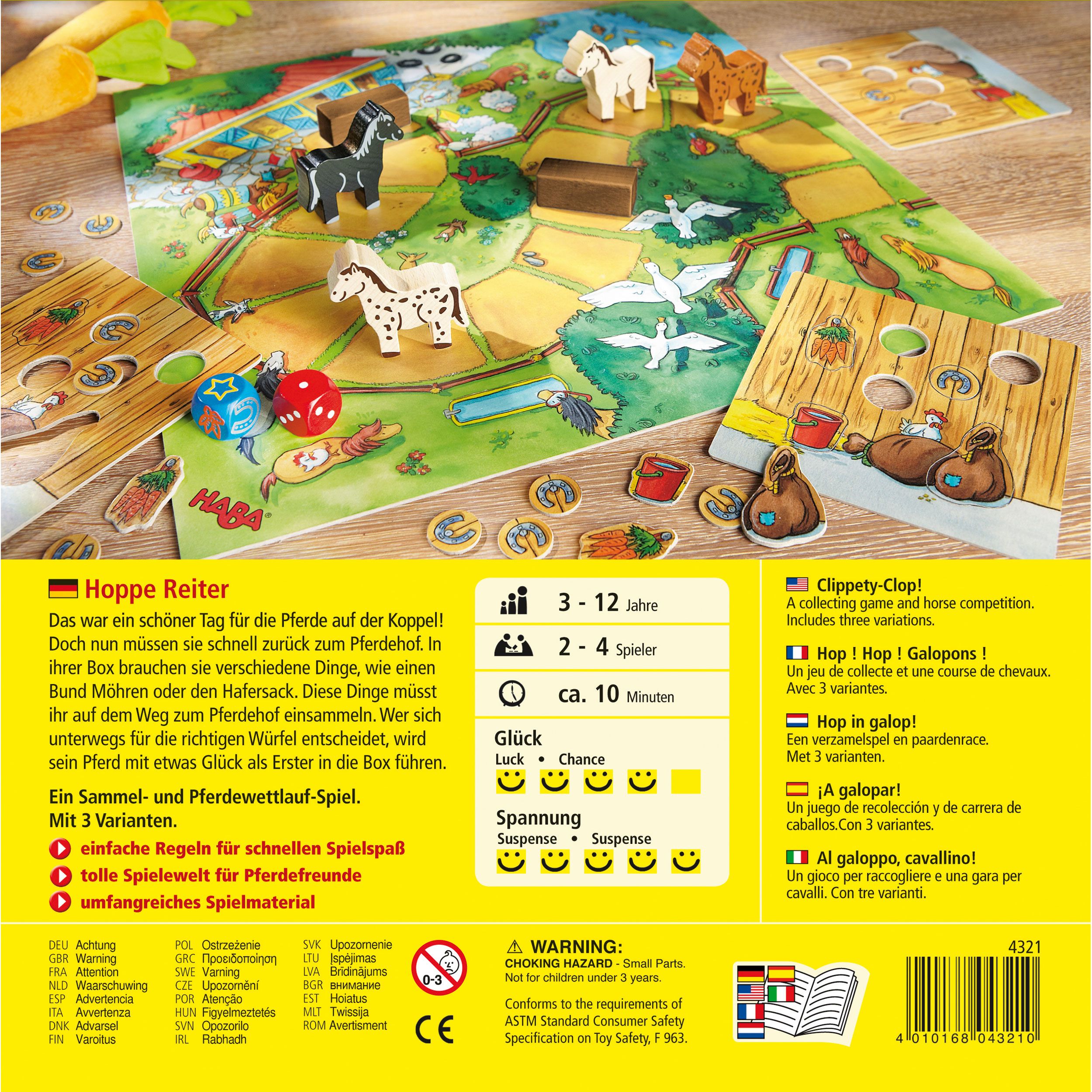 Rückseite der Spielverpackung. Text: Hoppe Reiter, Spielbeschreibung, Altersempfehlung, Herstellerinformationen, Warnhinweise.