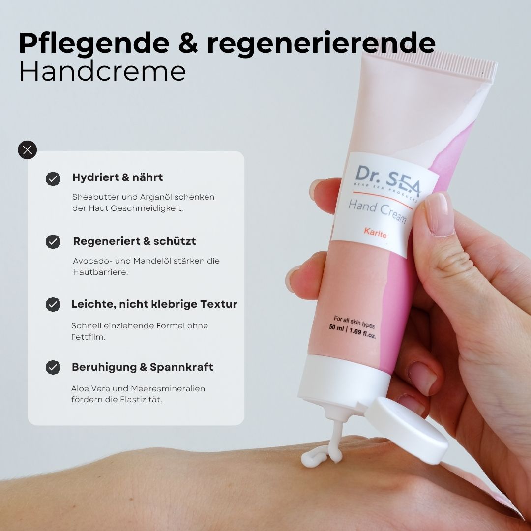 Handcreme-Tube, rosa-weiß. Text und Illustrationen. Handcreme wird auf die Haut aufgetragen.