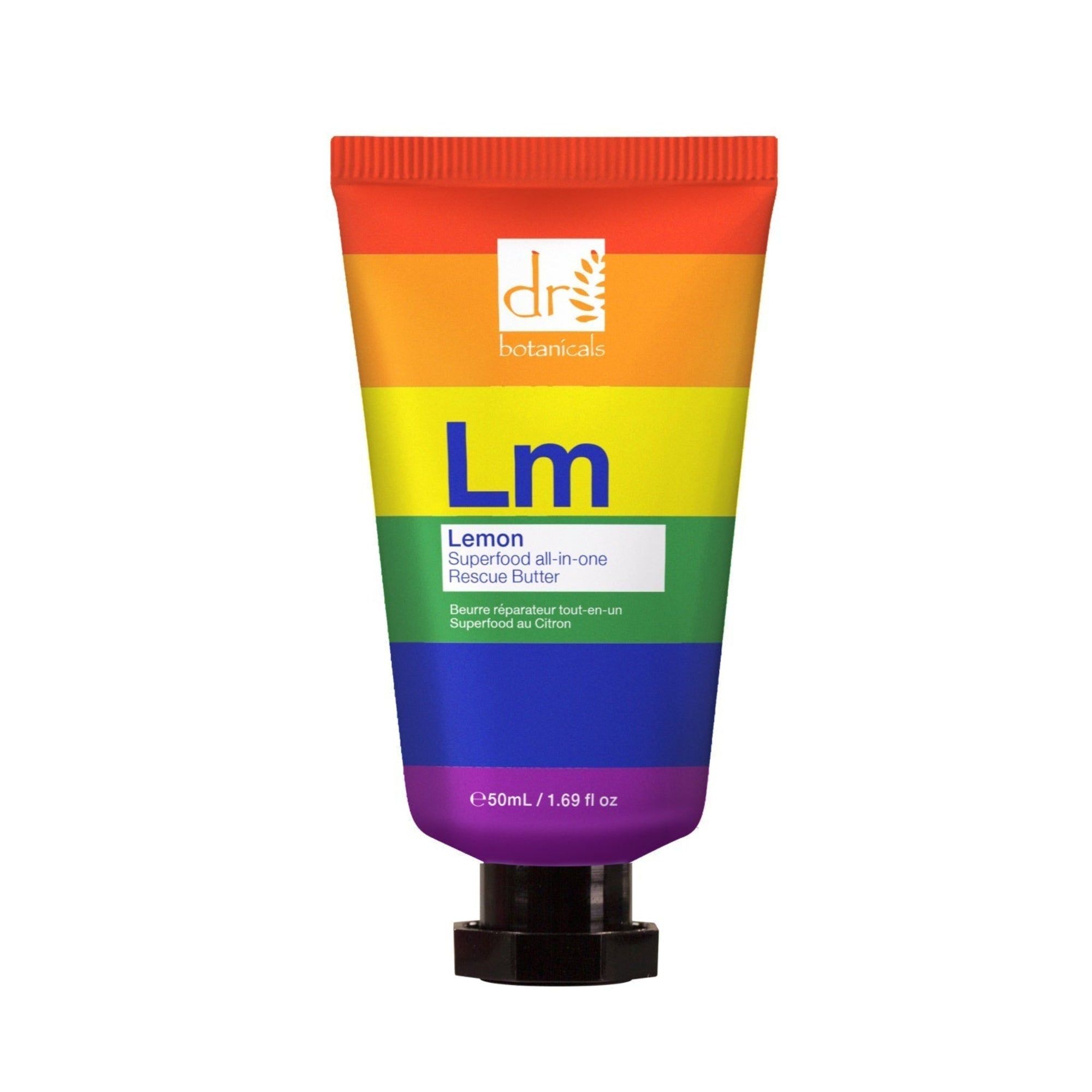 Tube mit Regenbogenfarben. Aufschrift: Dr Botanicals, Lm, Lemon Superfood All-in-one Rescue Butter. Schwarzer Verschluss.