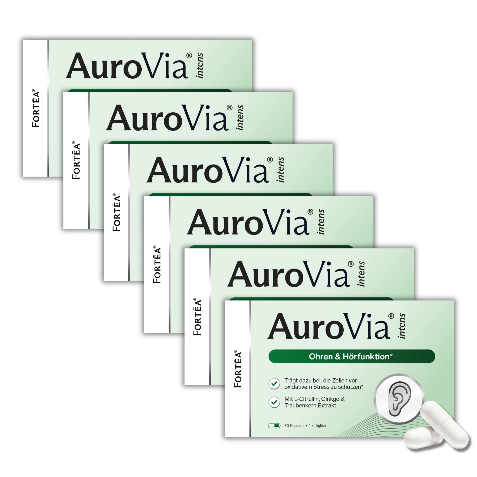 Sechs Packungen AuroVia® intens Ohren & Hörfunktion, eine Kapsel daneben.