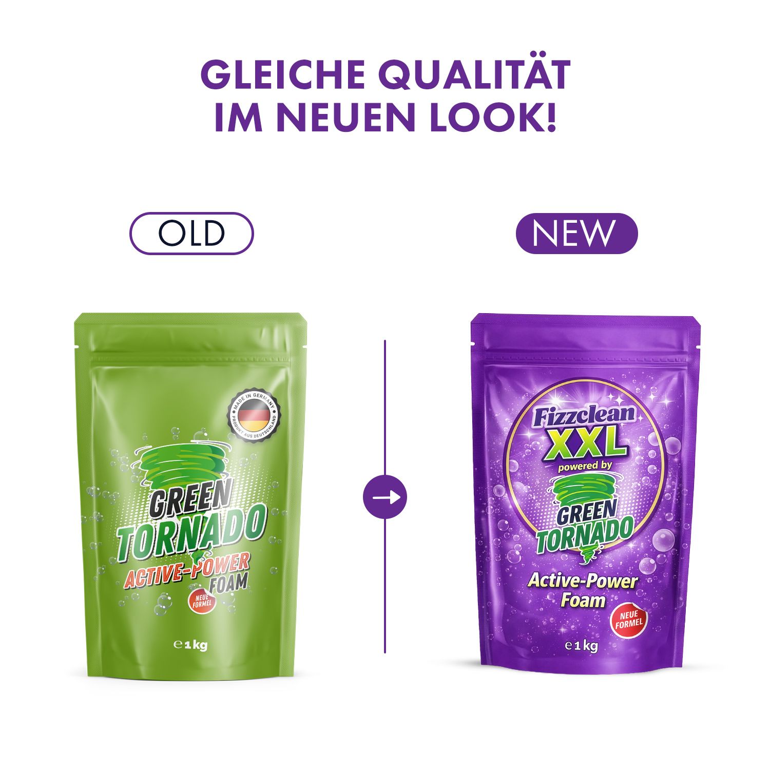 Vergleich: Grüner Beutel Green Tornado mit lila Beutel Green Tornado Active Power Foam. Text: Gleiche Qualität im neuen Look!
