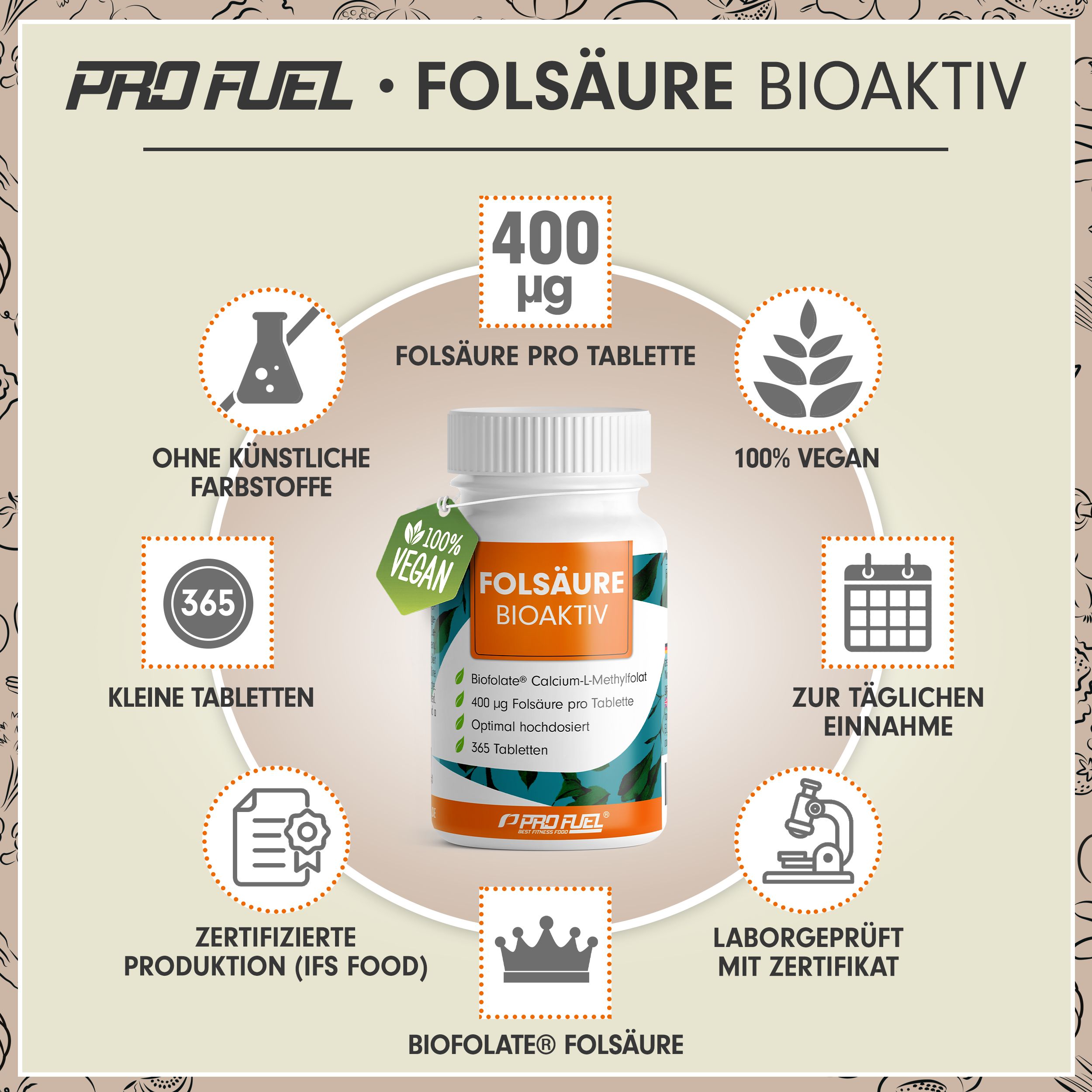 Folic acid supplement bottle with label details: 400µg Folsäure pro Tablette, 365 Tabletten, 100% vegan, laborgeprüft.