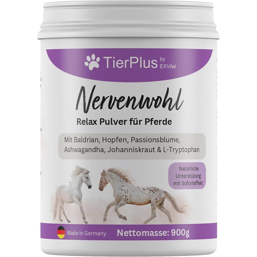 Weißer Behälter mit lila Deckel. Aufschrift: TierPlus Nervenwohl Relax Pulver für Pferde. Netto-Masse: 900g.