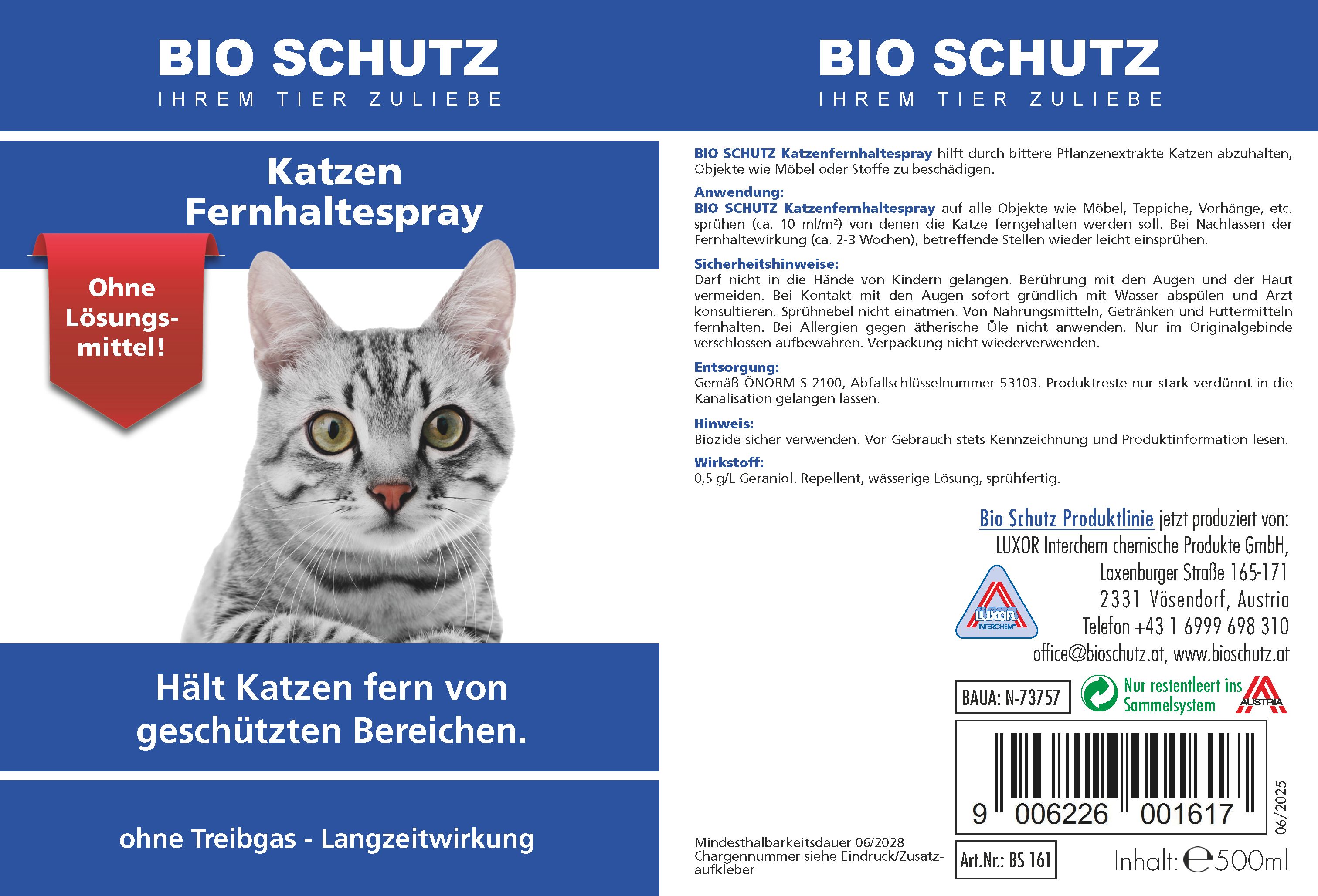 Etikett mit Text: Bio Schutz Katzen Fernhaltespray. Abbildung einer Katze. Ohne Lösungsmittel. Text und Barcode.