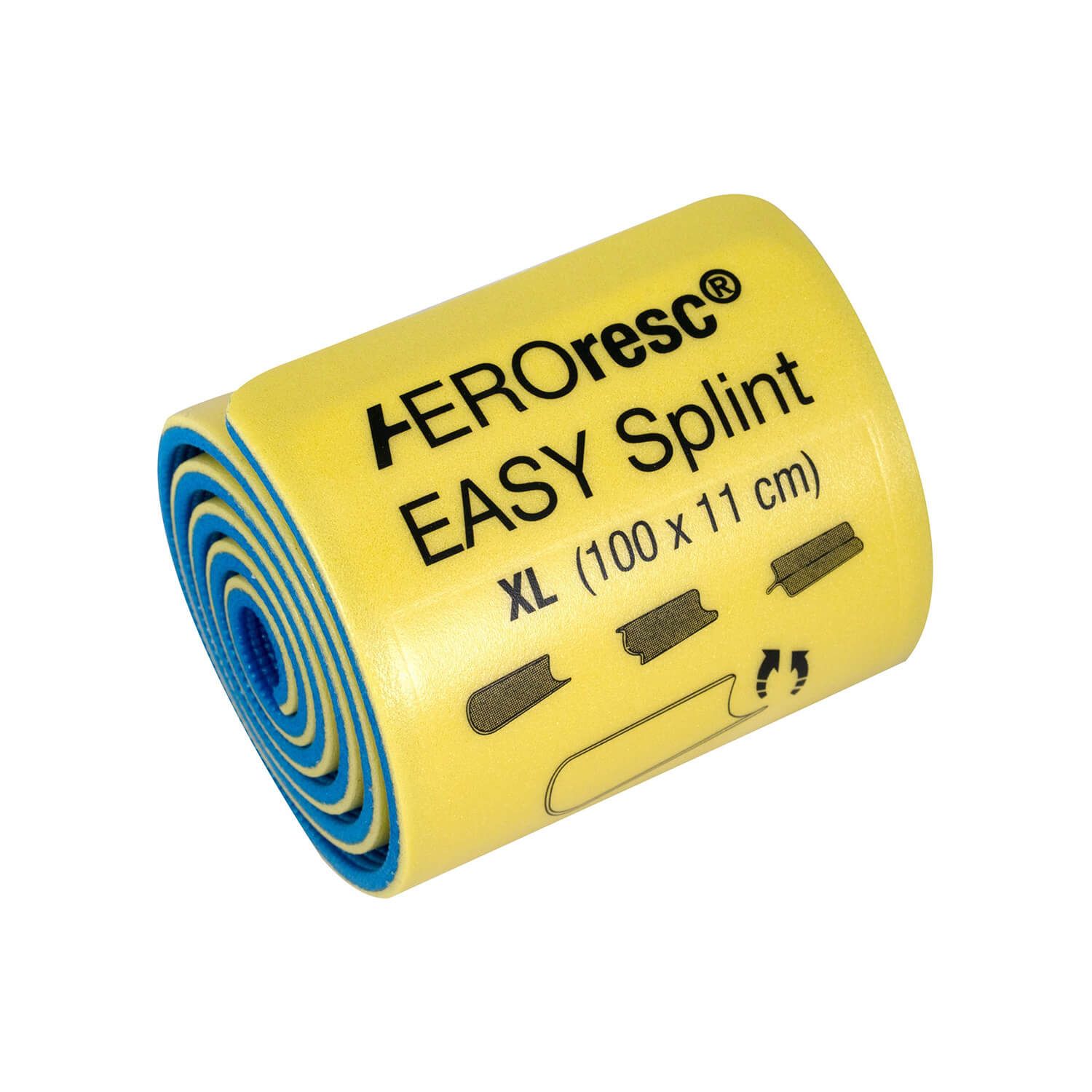 Gerolltes gelbes AEROresc EASY Splint XL (100 x 11 cm) mit blauen Rändern und Anwendungssymbolen.