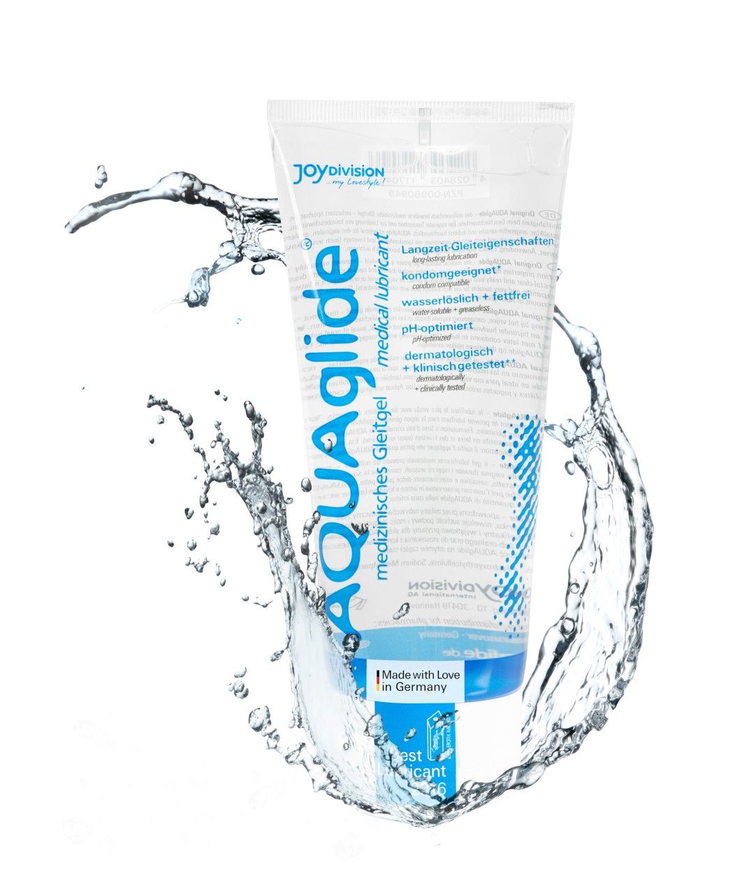 Tube AQUAglide, medizinisches Gleitgel, umgeben von Wasser. Aufschrift AQUAglide. Made in Germany.