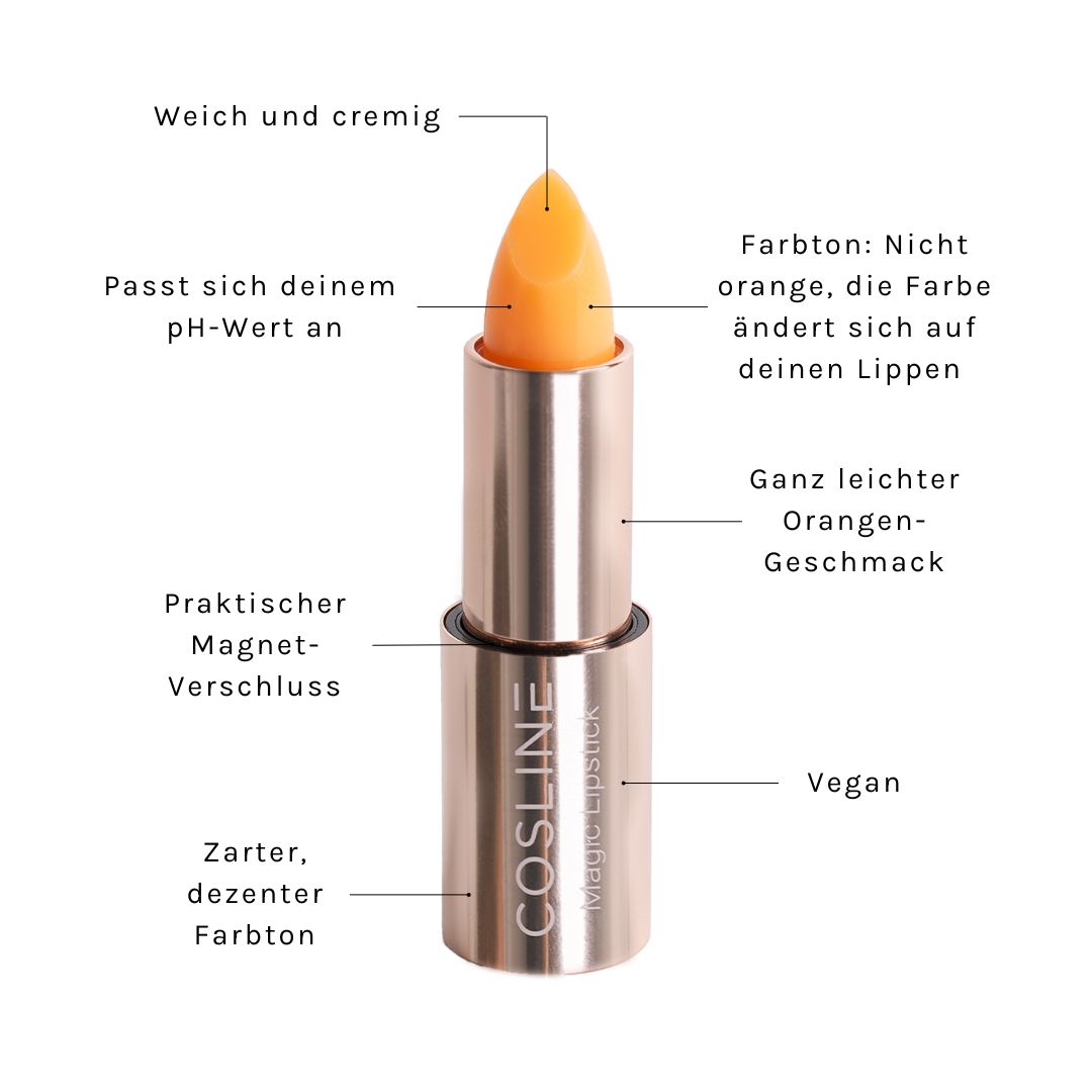 Cosline Magic Lipstick mit Beschriftungen zu Eigenschaften.