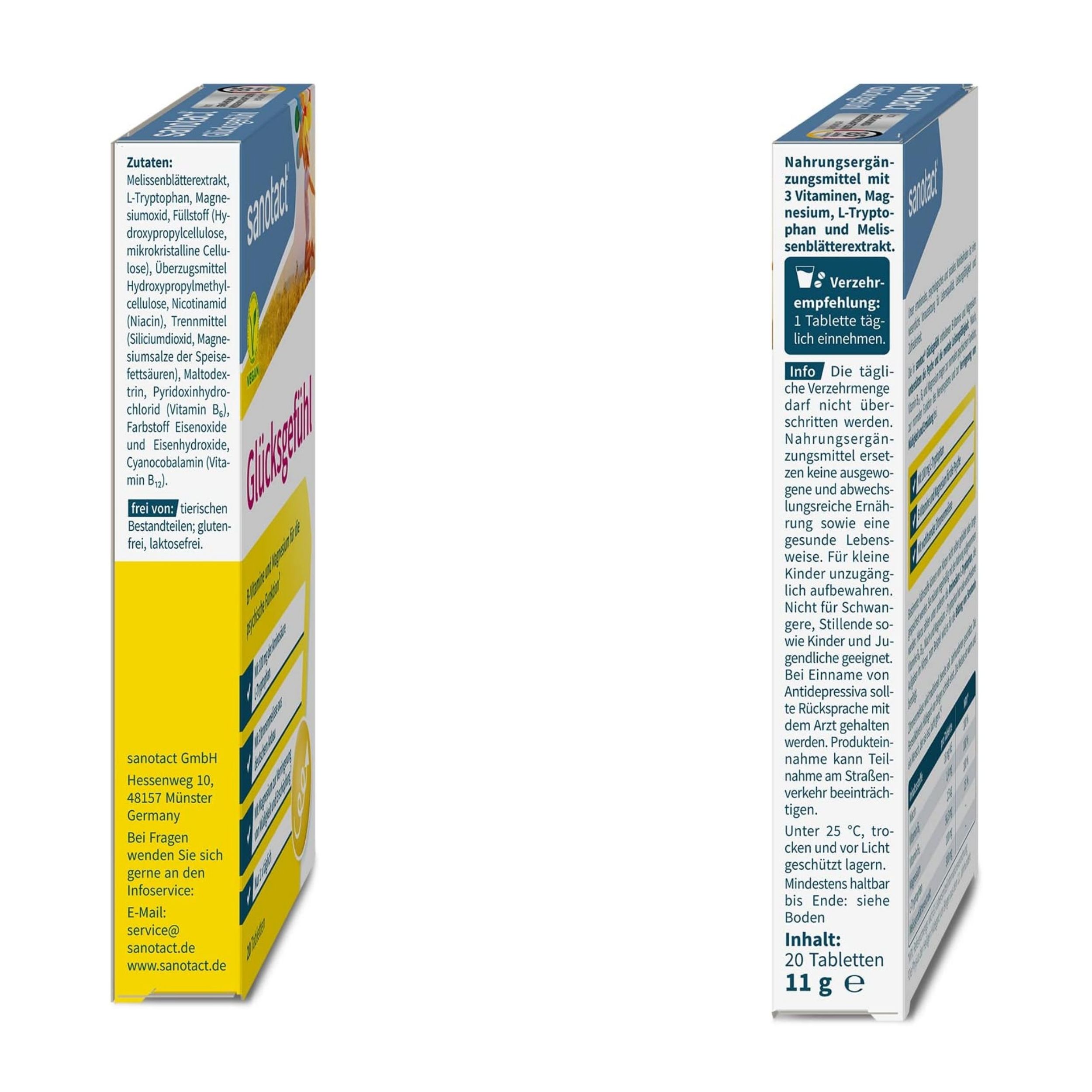 Zwei Ansichten der Verpackung von sanotact Glücksgefühl. Enthält 20 Tabletten. Informationen zu Inhaltsstoffen und Dosierung.