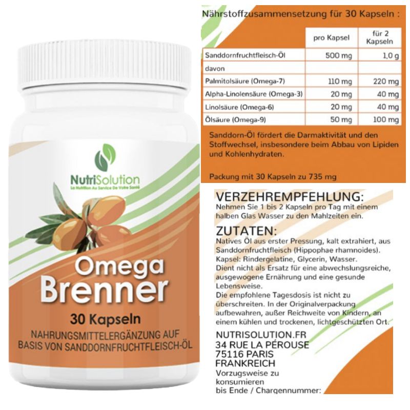 NutriSolution Omega Brenner: Behälter und detaillierte Nährwertangaben mit Sanddornfruchtfleischöl.